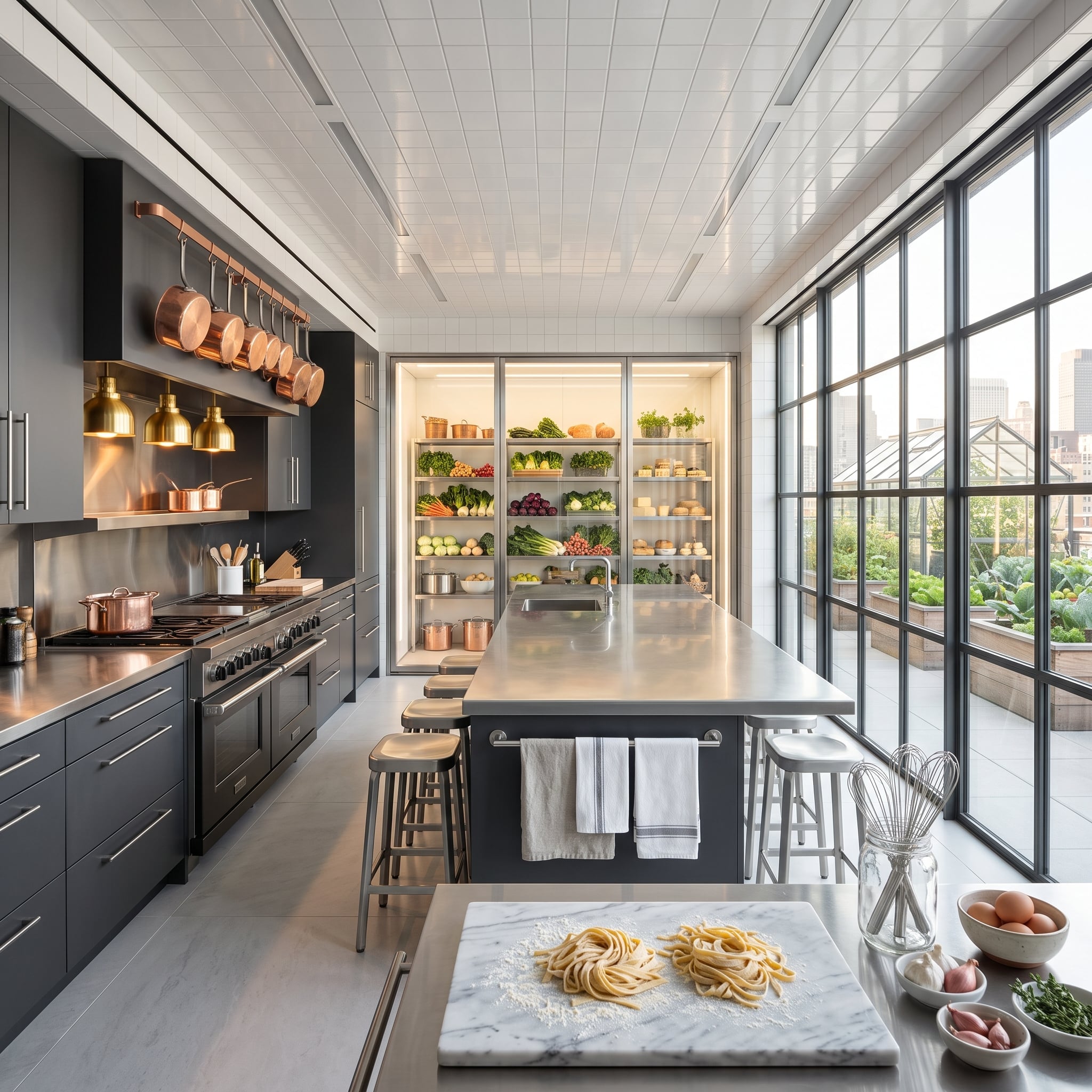 Charcoal kitchen with copper cookware, stainless-steel island, and illuminated pantry