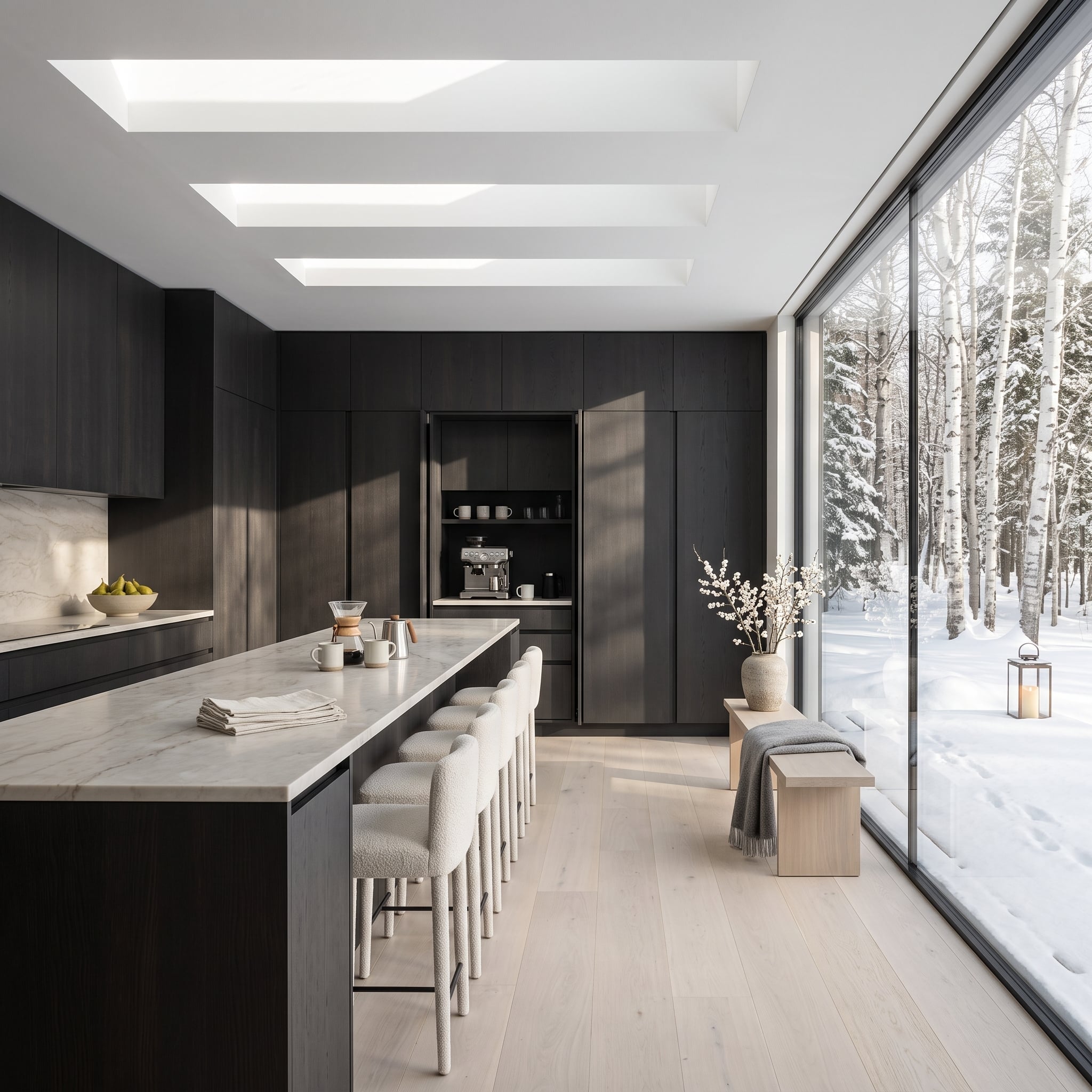 Charcoal kitchen with three skylights, pale marble island, and snowy birch forest views