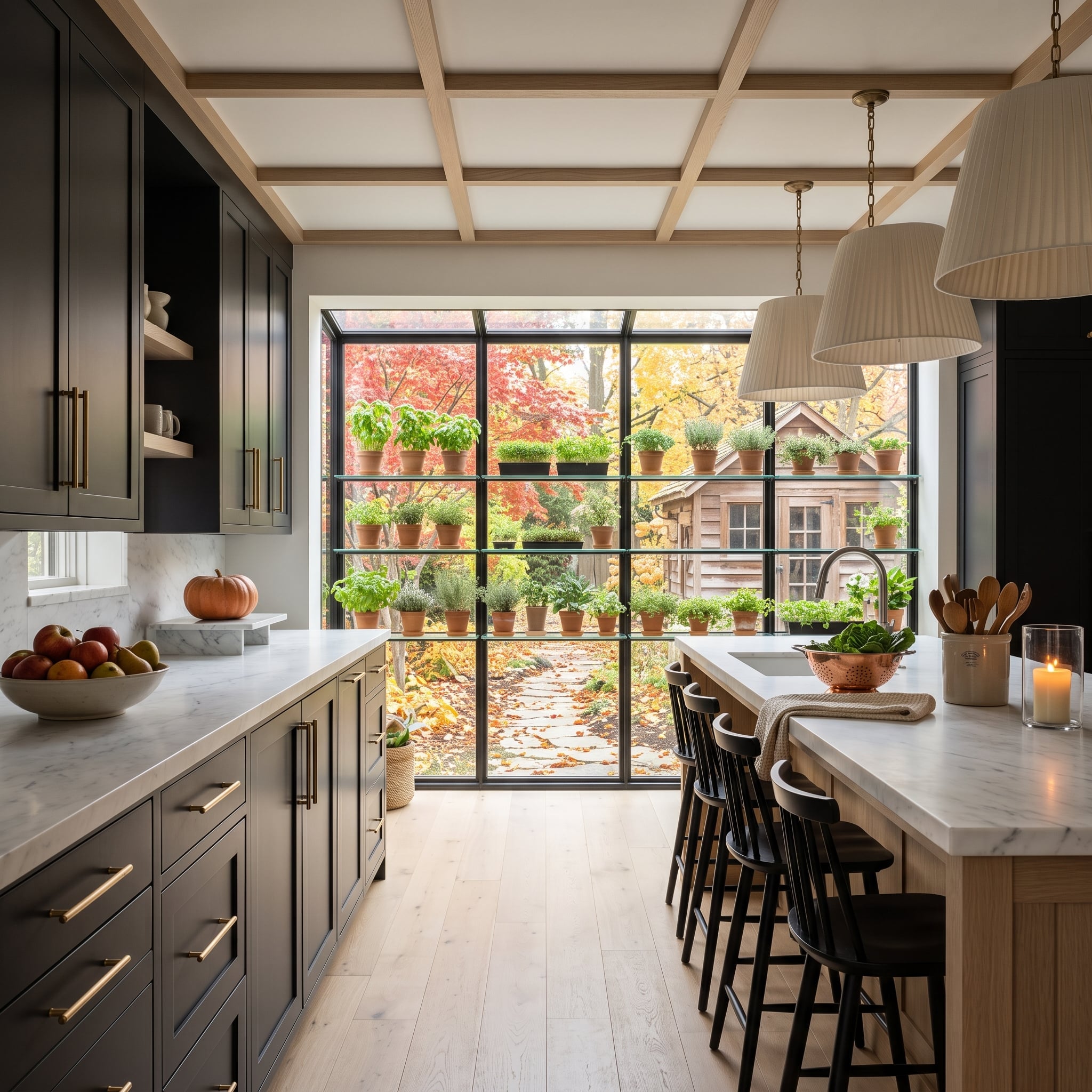Charcoal shaker kitchen with glass herb shelving and autumn foliage outside