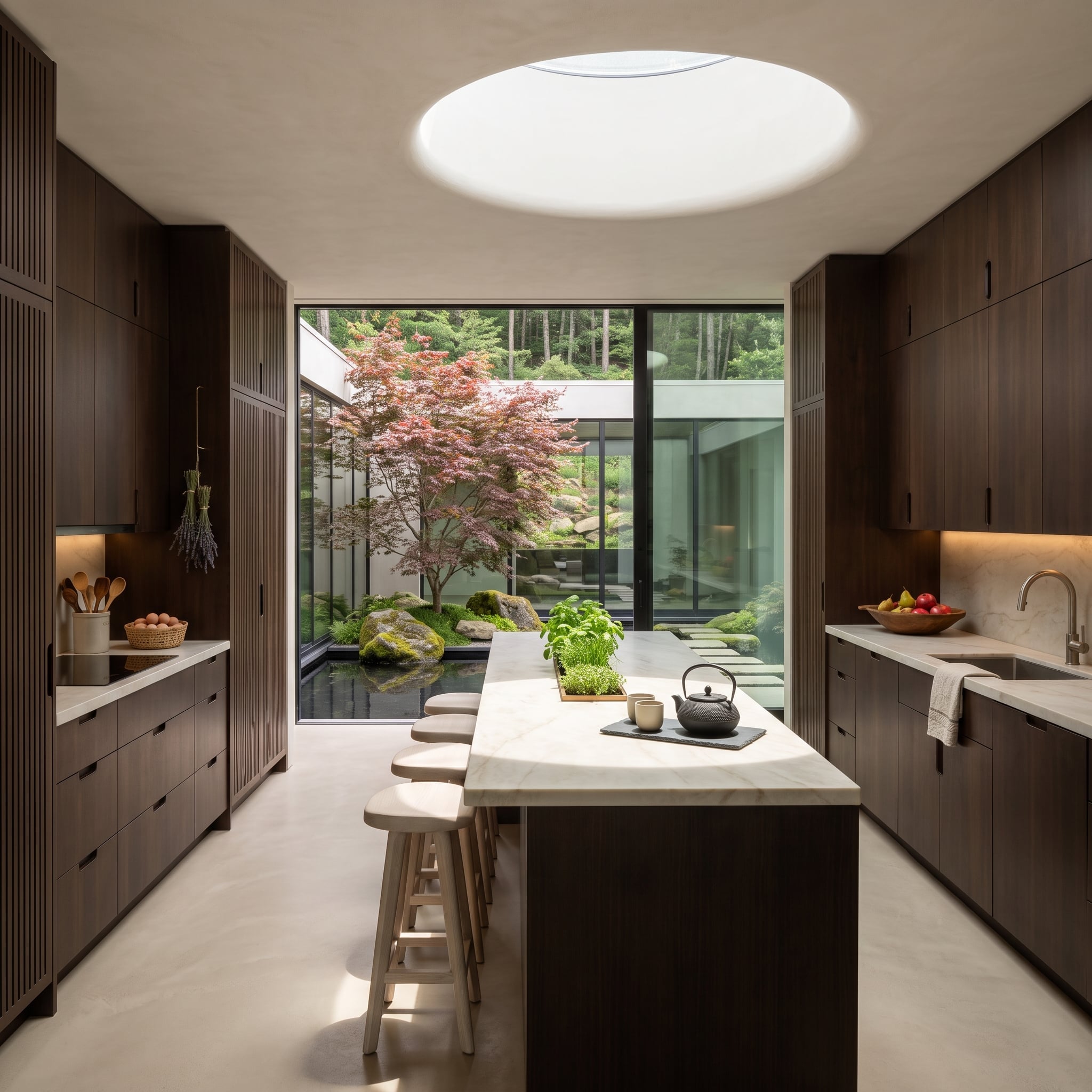 Dark fluted walnut kitchen with circular skylight and Japanese maple courtyard