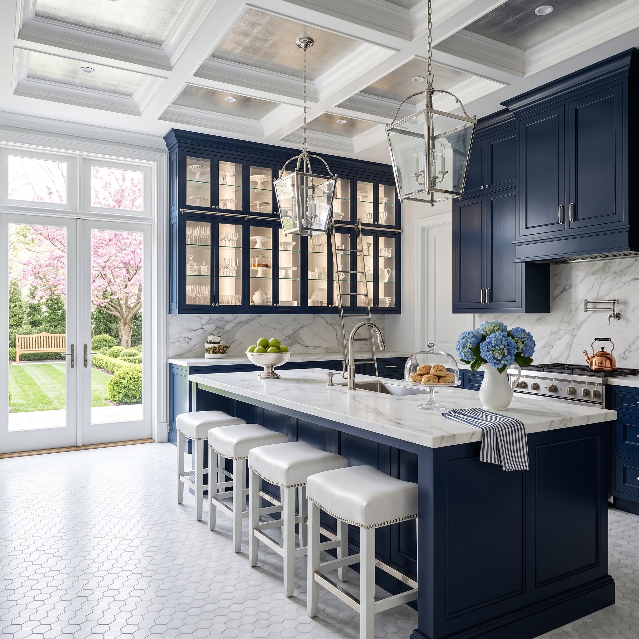 Navy kitchen with pale coffered ceiling, white hexagonal floor, and cherry blossom views