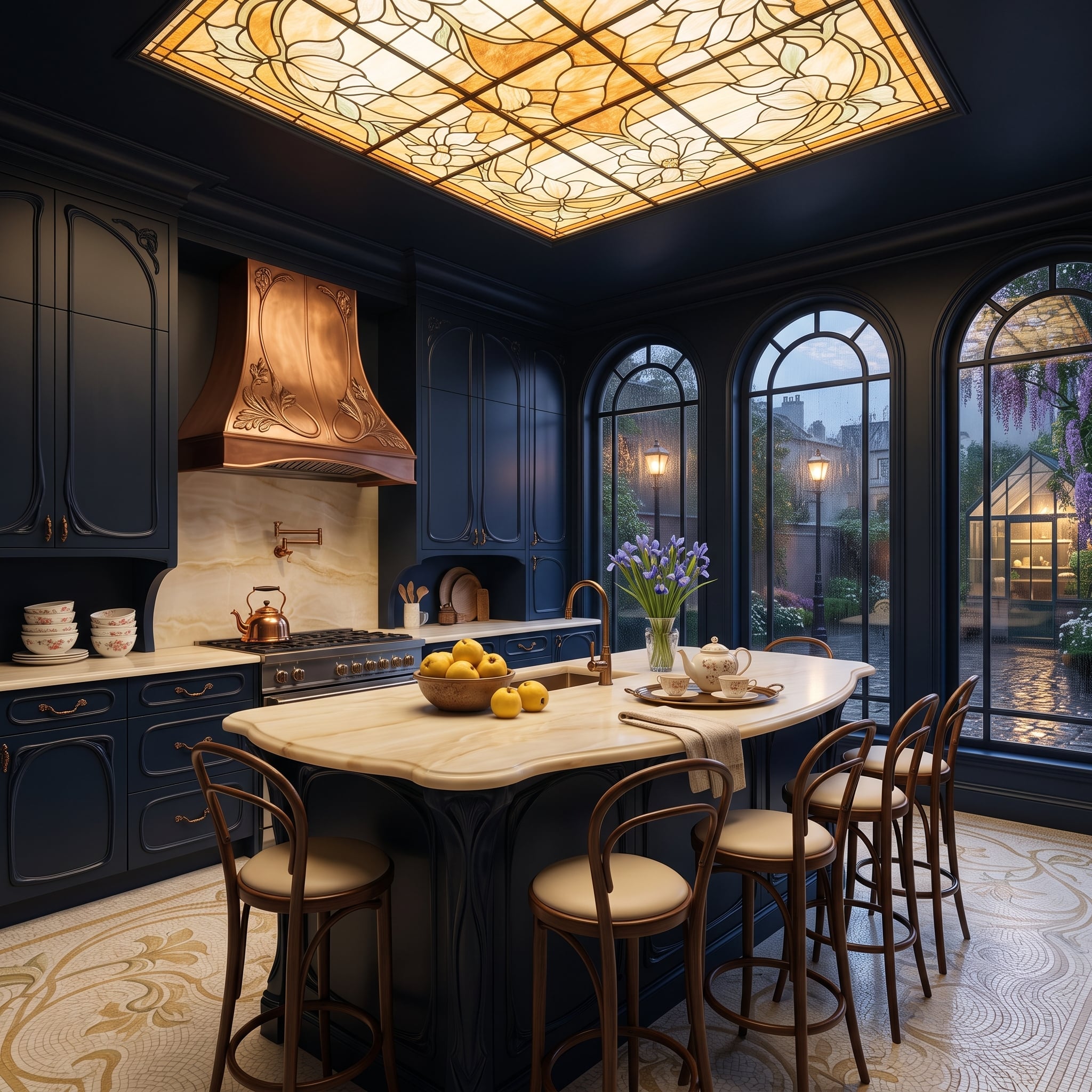 Ornate navy kitchen with hammered copper hood and illuminated stained-glass ceiling