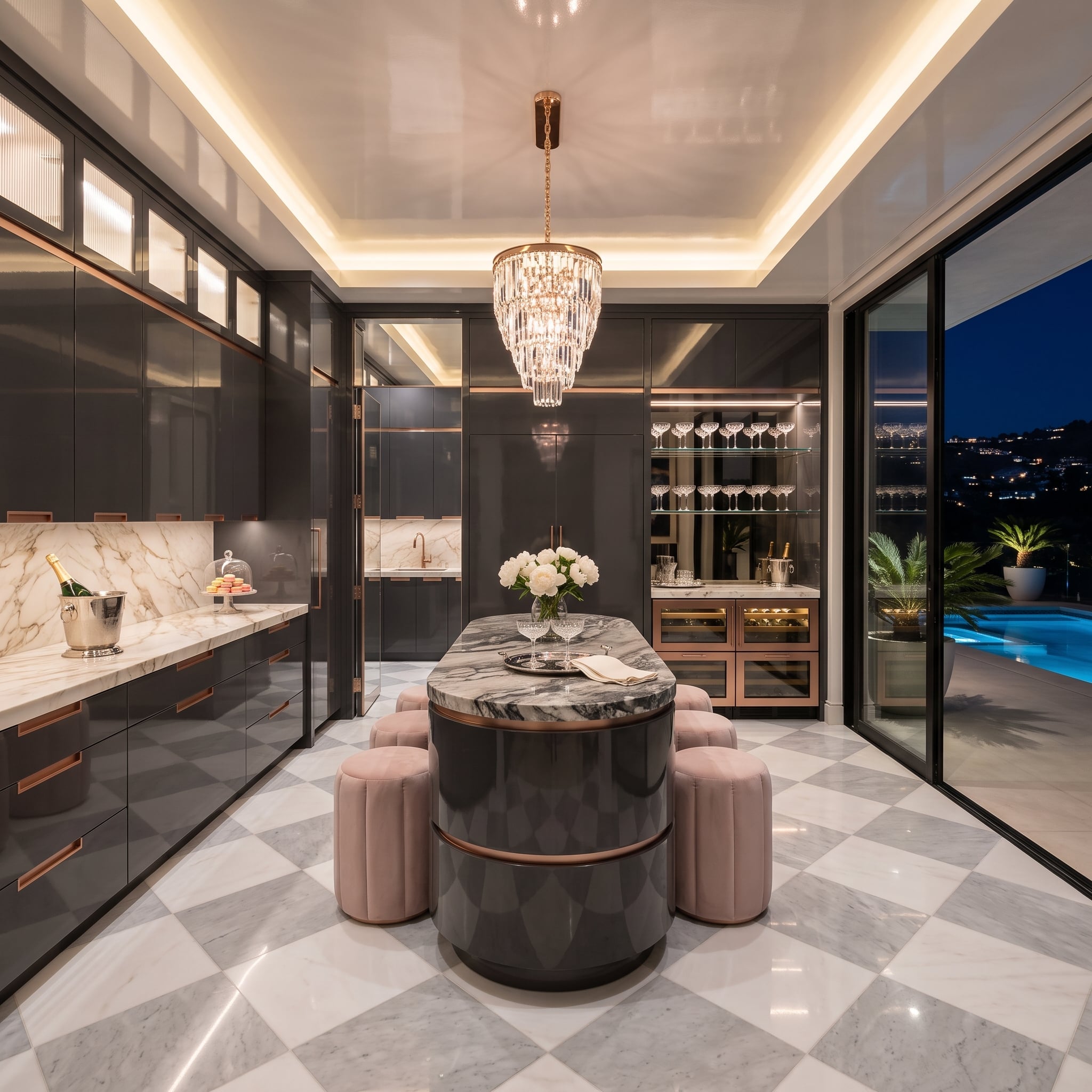Glossy graphite kitchen with crystal chandelier, marble island, and checkerboard floor