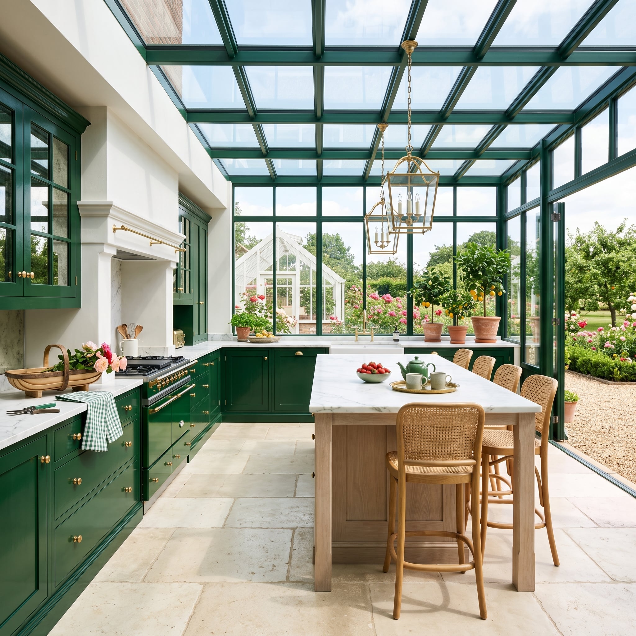Hunter-green kitchen with glazed ceiling and garden views