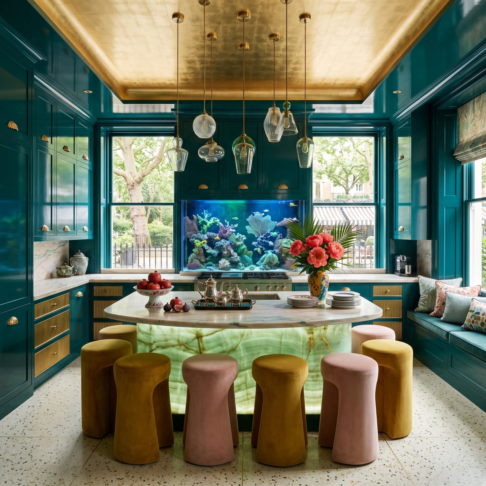 Dark teal kitchen with gold ceiling, illuminated green onyx island, and reef aquarium
