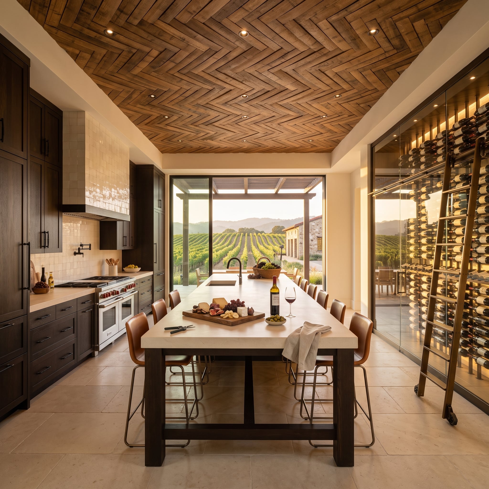 Espresso kitchen with herringbone wood ceiling, glass wine room, and vineyard views