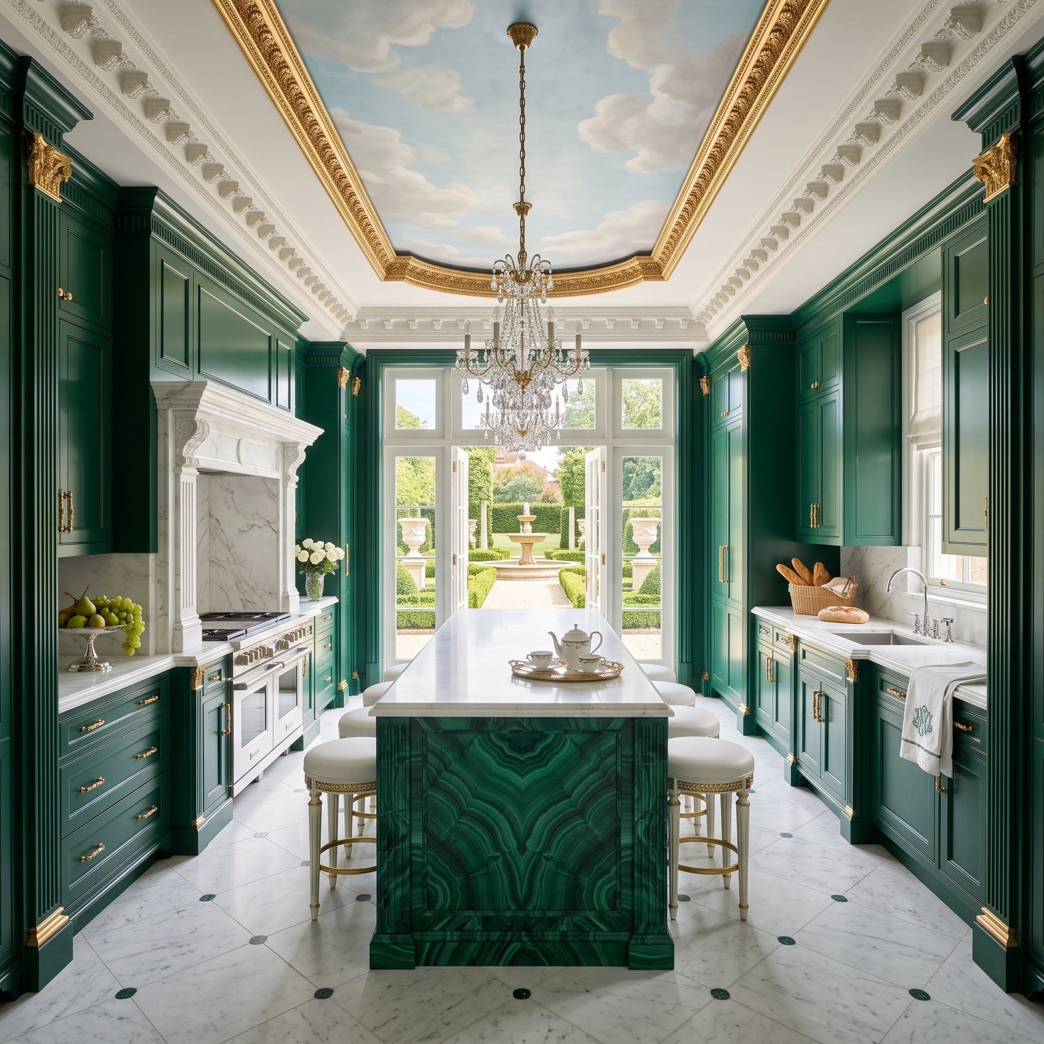 Emerald-green kitchen with malachite-patterned island, gold detailing, and painted sky ceiling