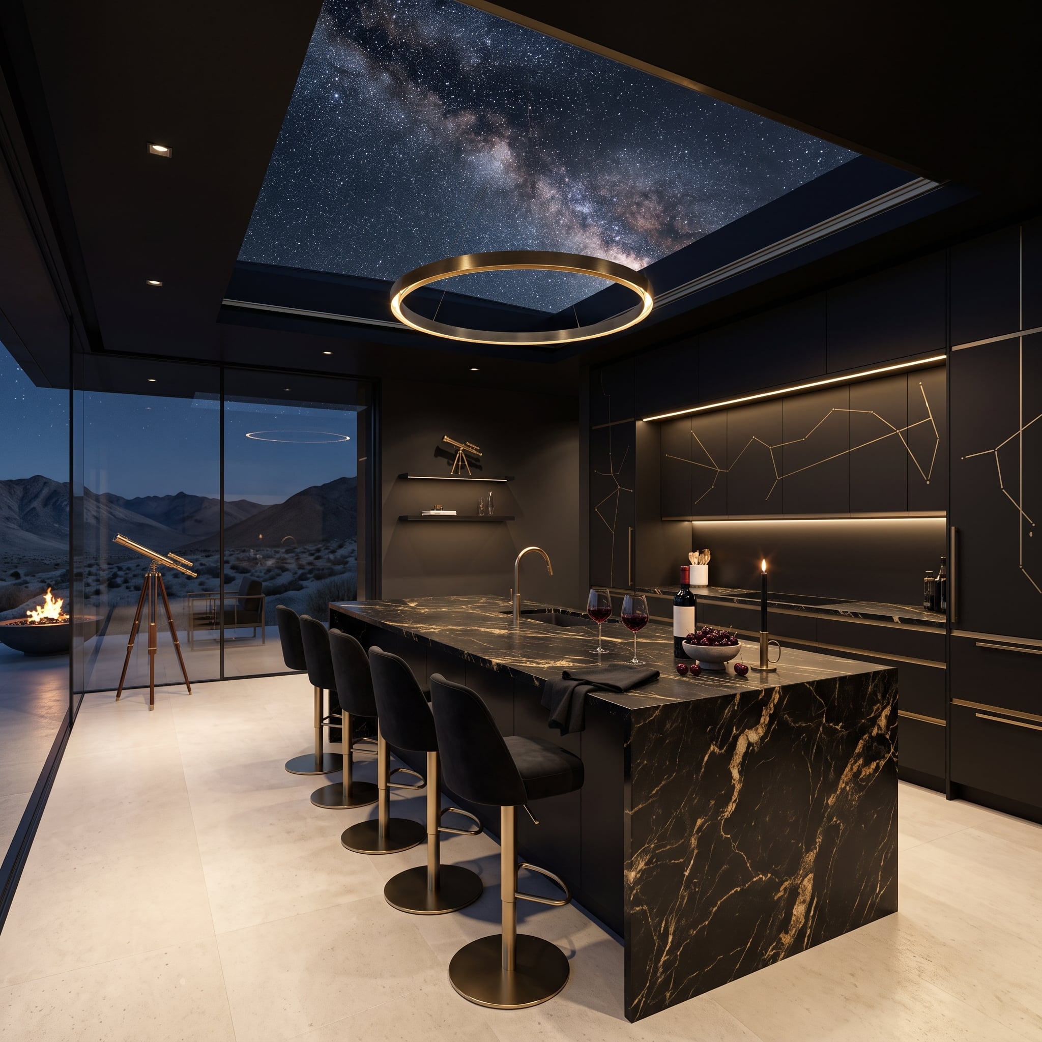 Black marble kitchen with gold veining, celestial ceiling view, and telescope