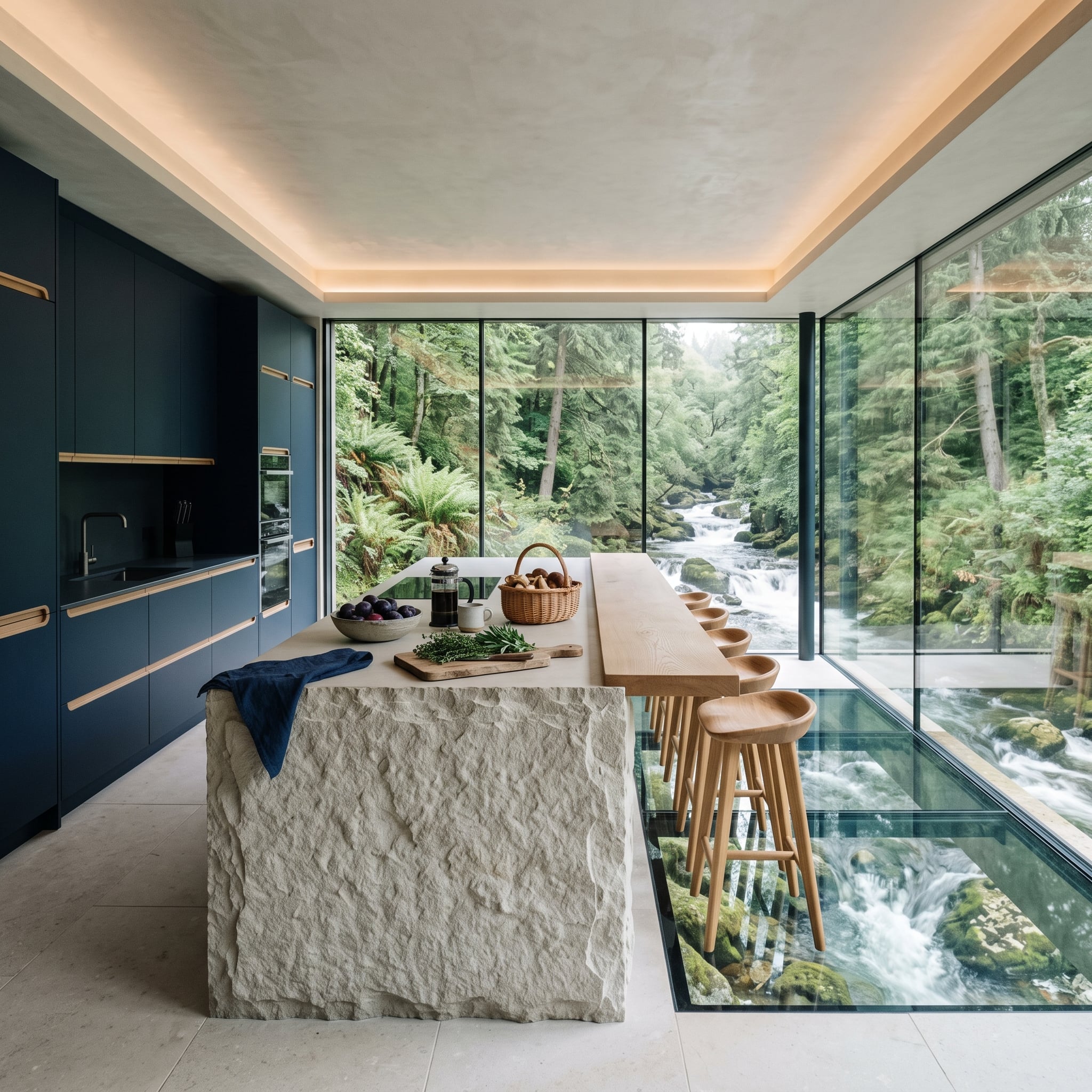 Navy kitchen with rugged limestone island and glass floor revealing rushing water below