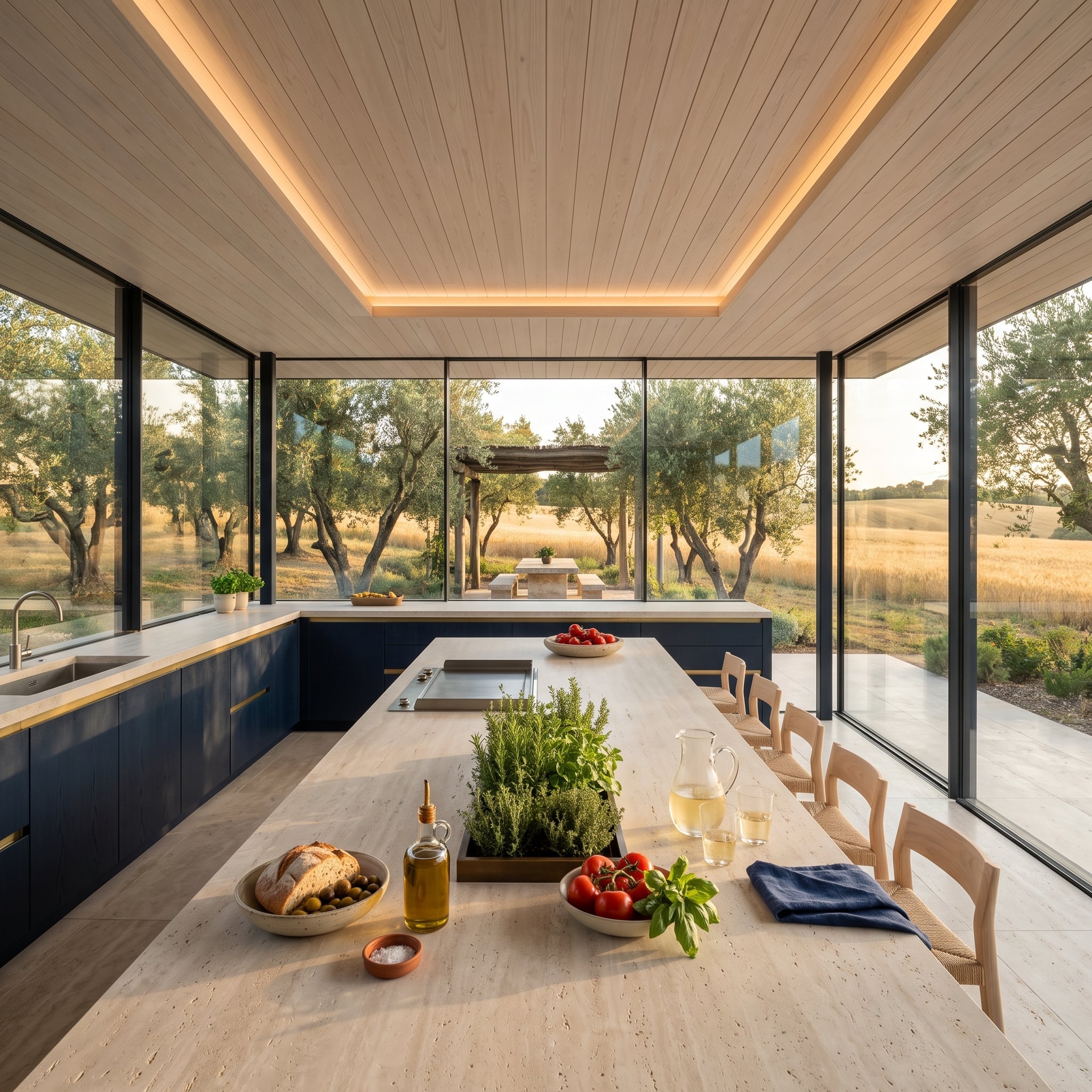Midnight-navy kitchen with exceptionally long dining island and olive grove views