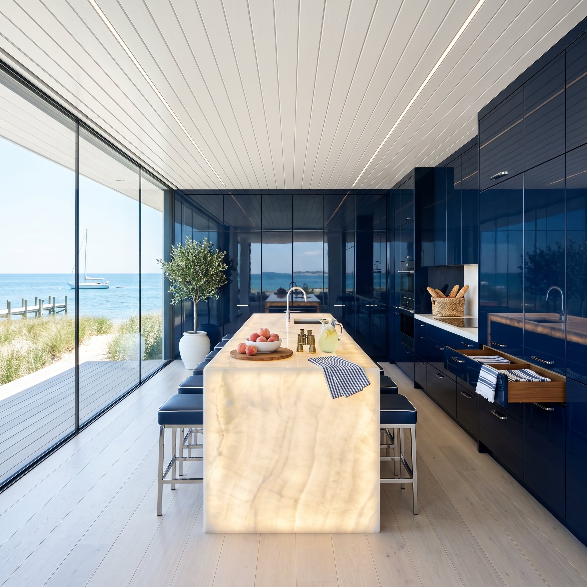 Glossy navy kitchen with backlit onyx island and ocean views