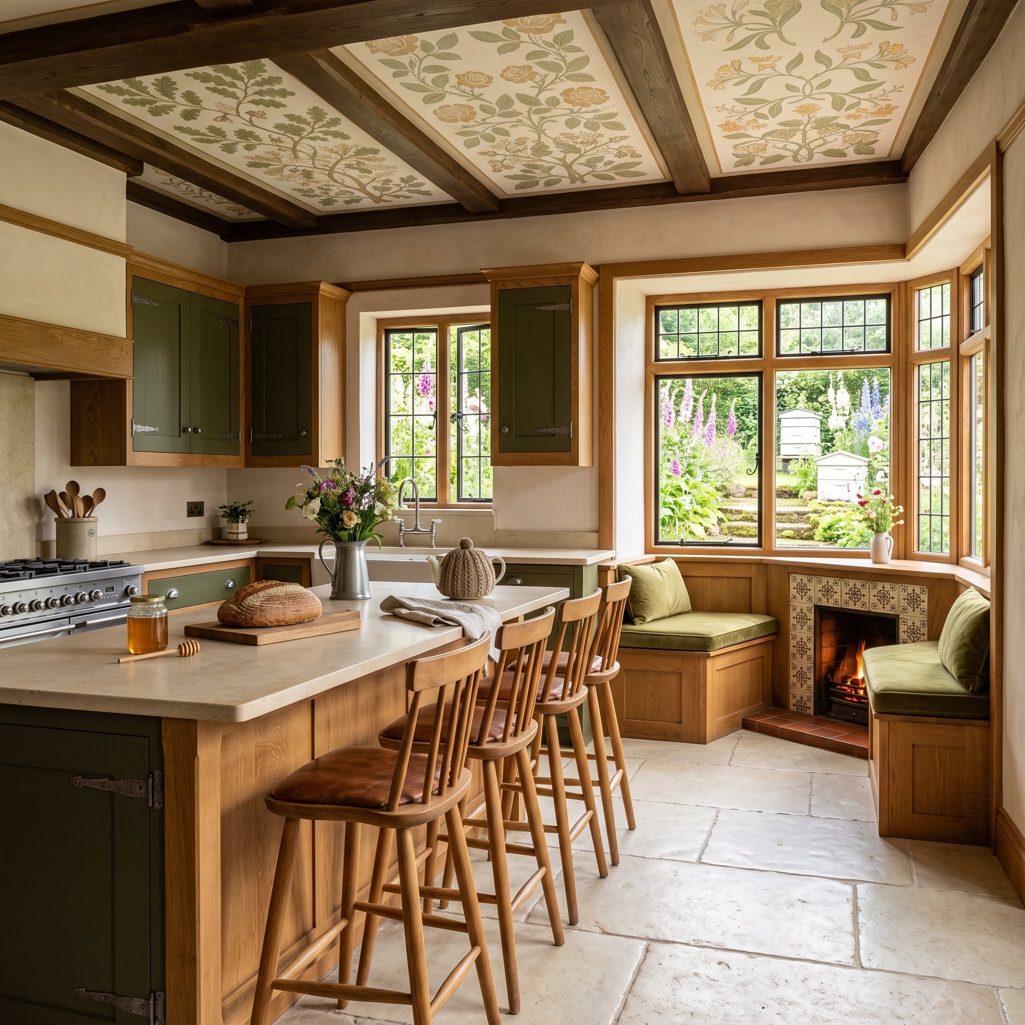 Olive-green kitchen with botanical ceiling panels, window seat, and small fireplace