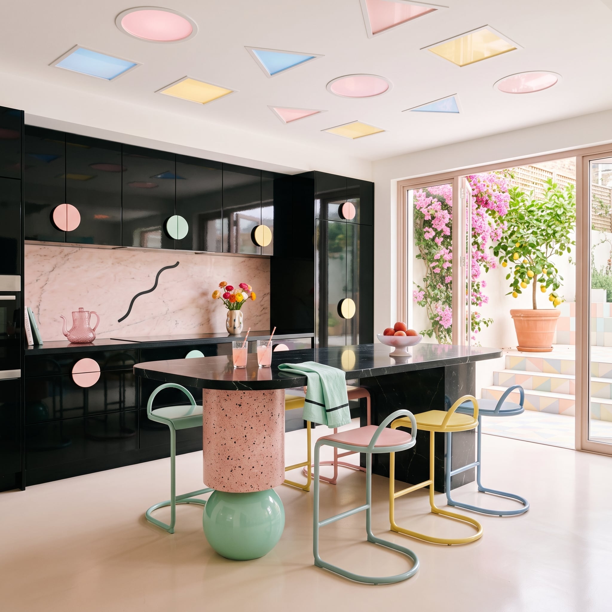 Glossy black kitchen with pastel geometric ceiling details and pink terrazzo island