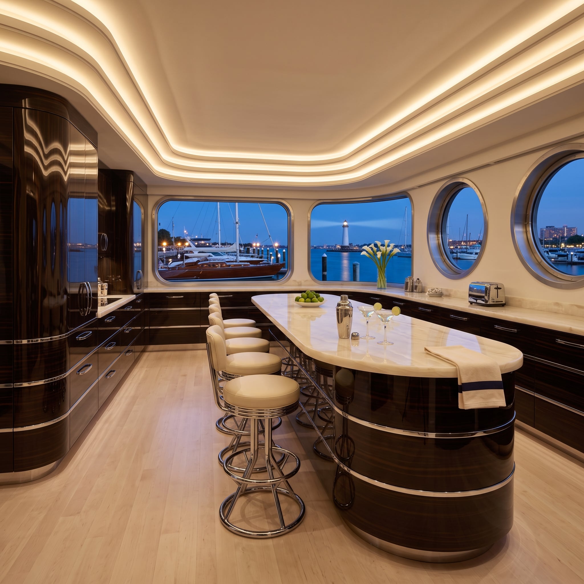 Yacht-inspired kitchen with curved lacquered walnut cabinetry, marble bar, and porthole windows