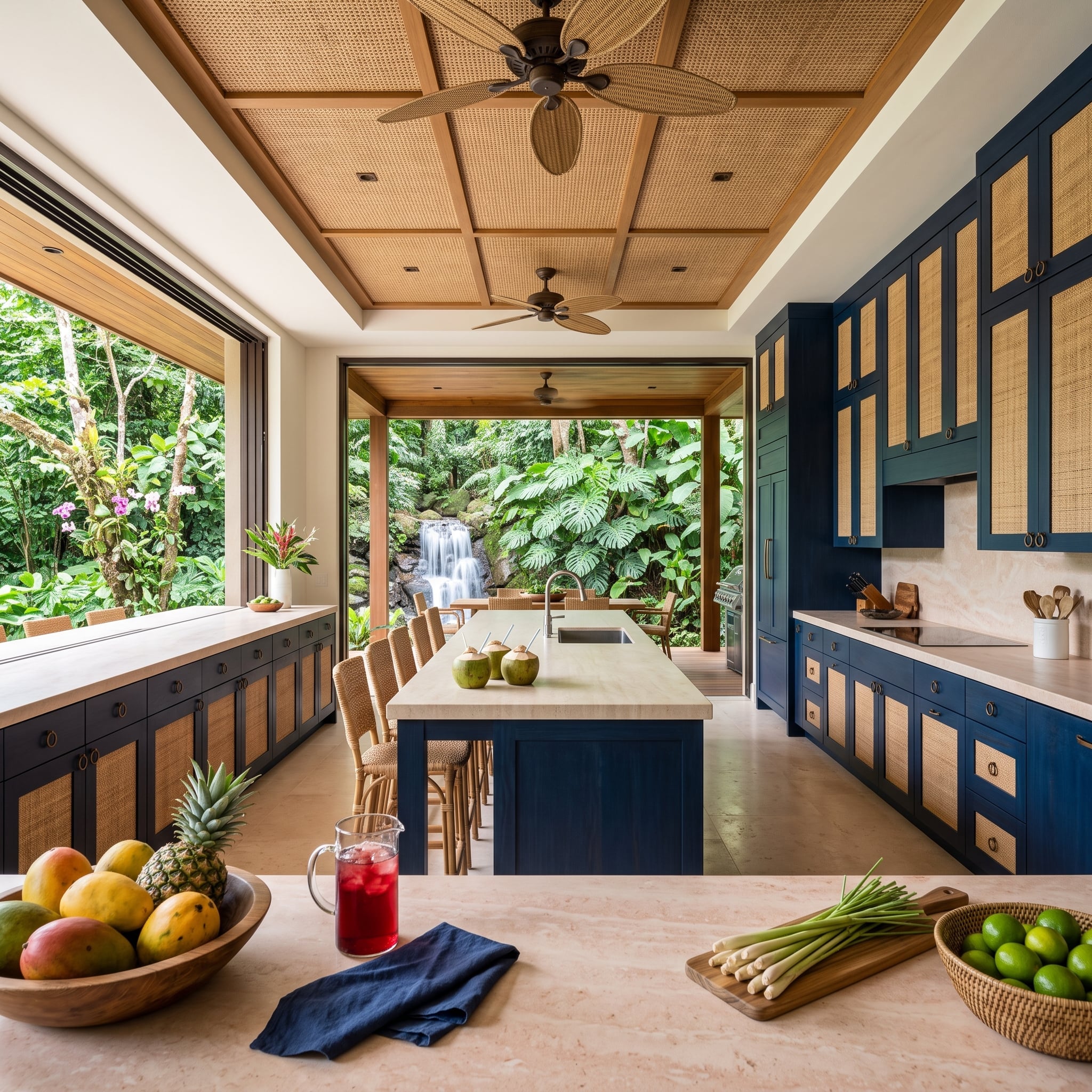 Tropical blue kitchen with rattan ceiling and waterfall visible beyond an open passage
