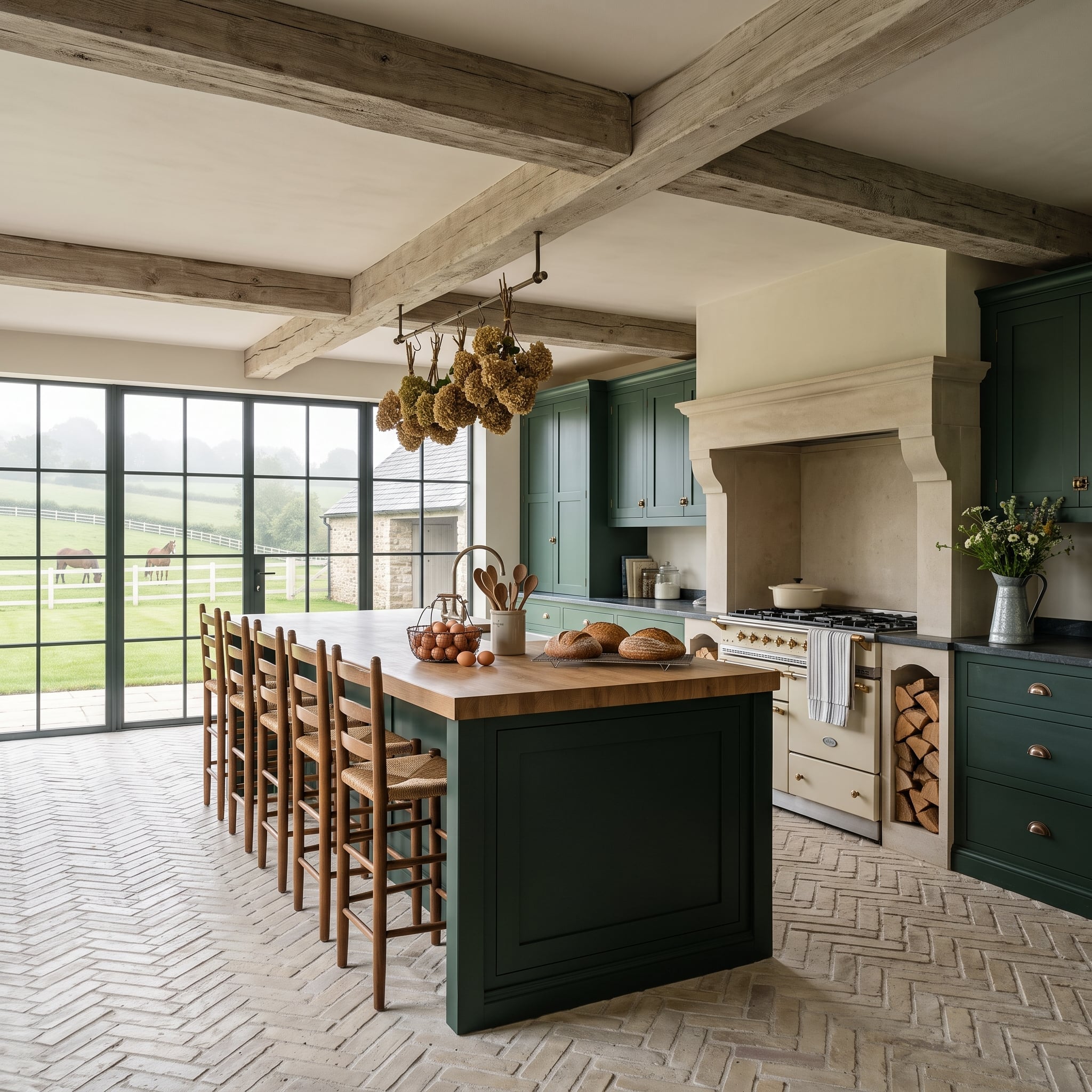 Hunter-green kitchen with reclaimed beams, butcher-block island, and herringbone brick flooring
