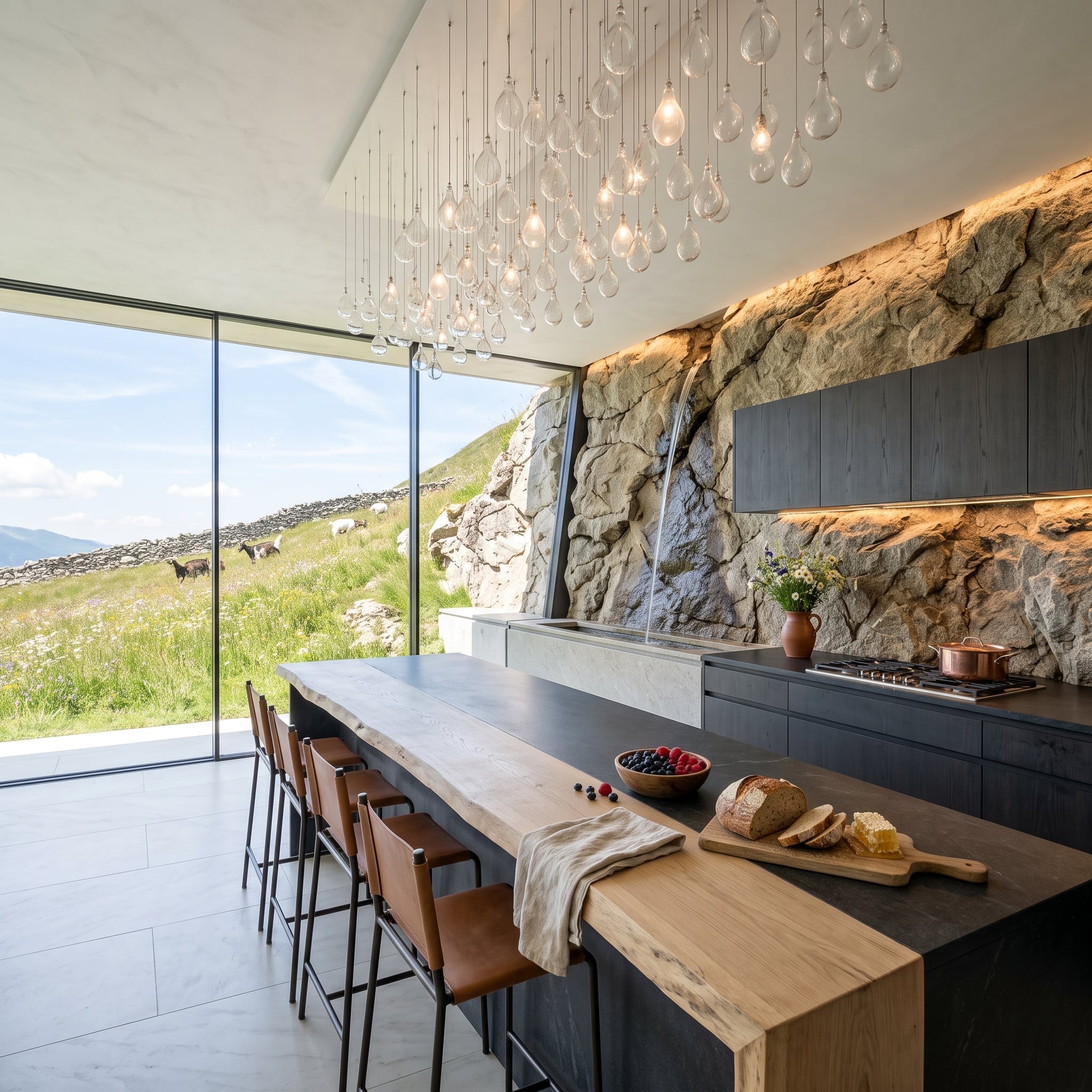 Contemporary kitchen with rugged rock backsplash, water feature, live-edge island, and glass pendants