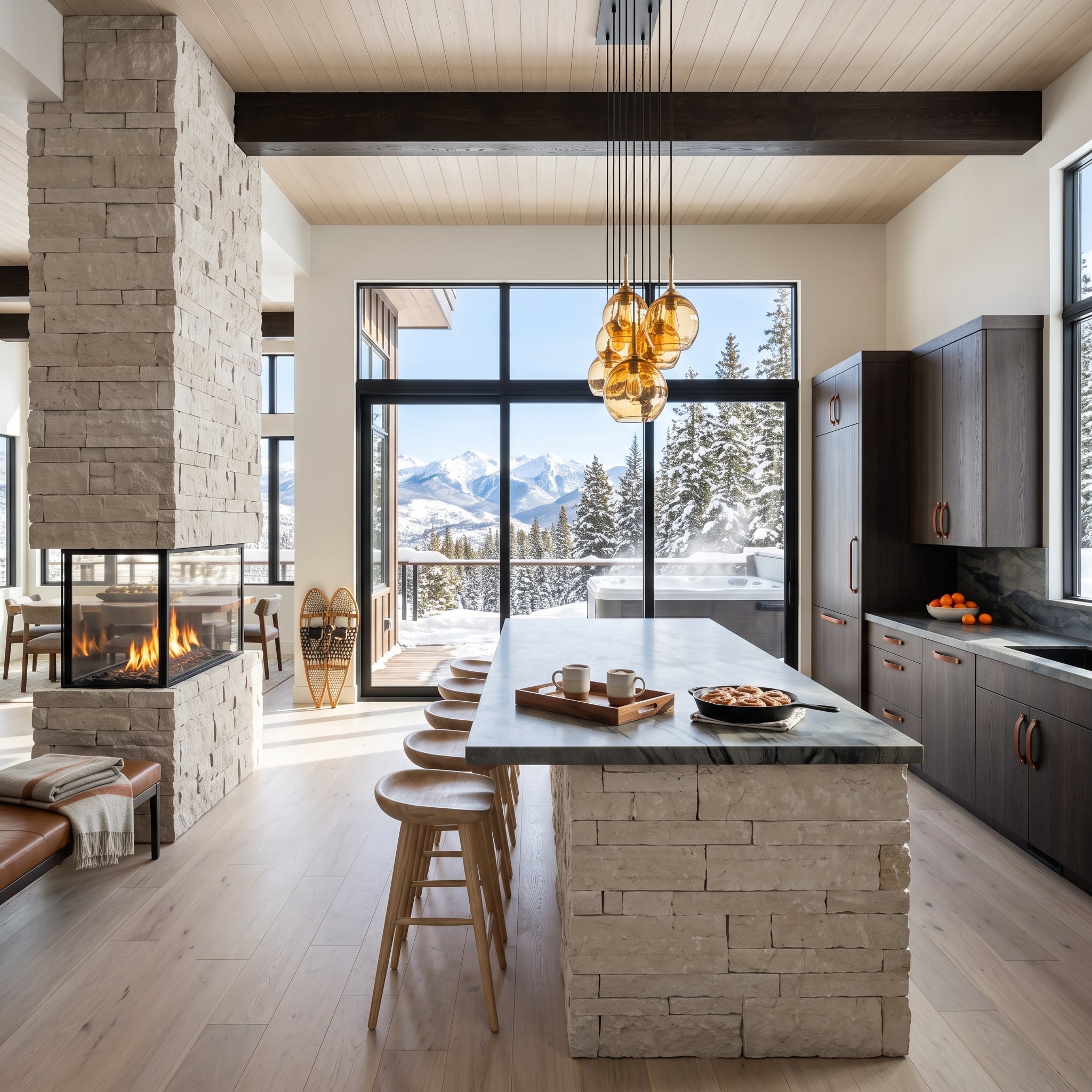 Dark walnut kitchen with limestone island, amber pendants, and snowy mountain views