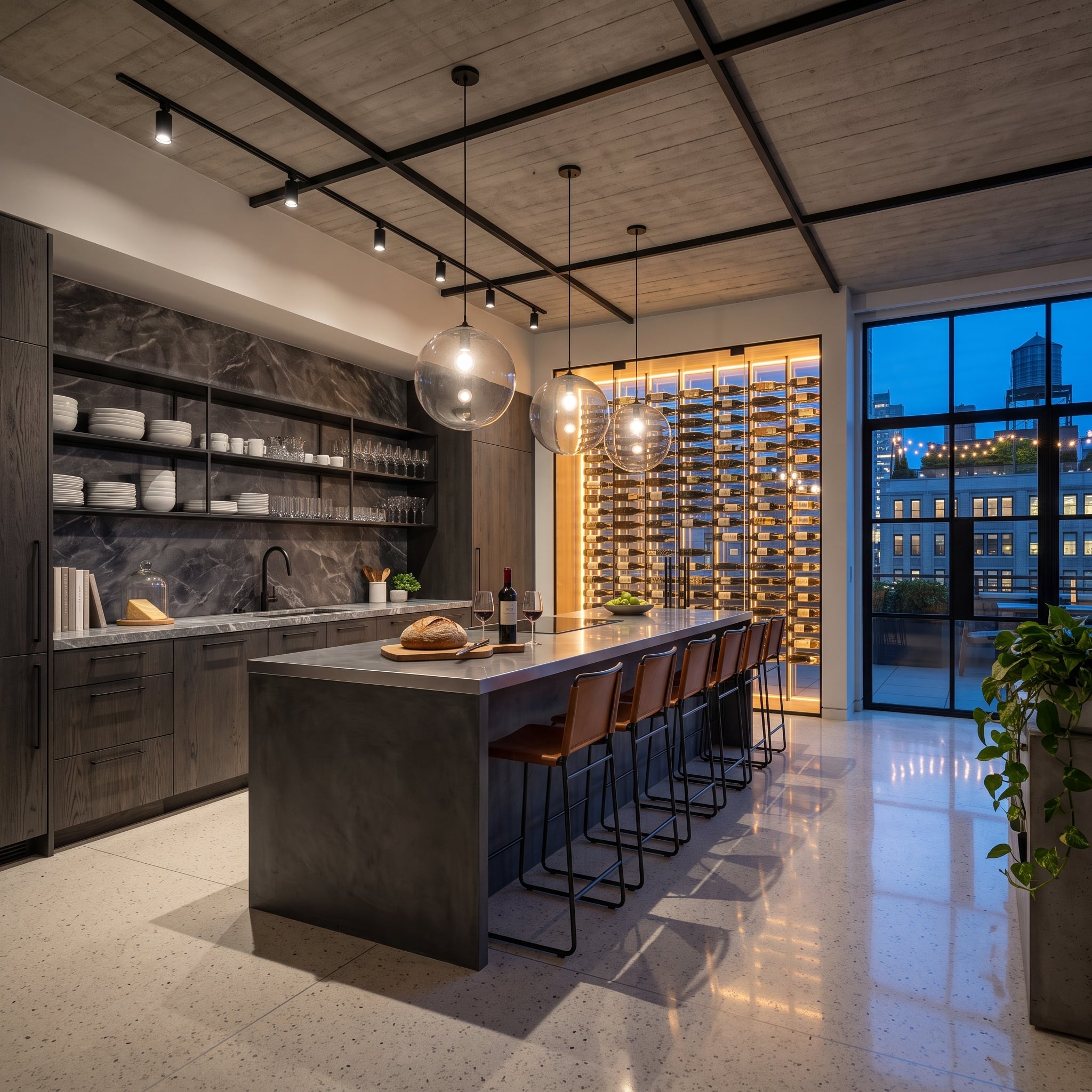 Charcoal kitchen with concrete island, terrazzo flooring, and illuminated wine wall