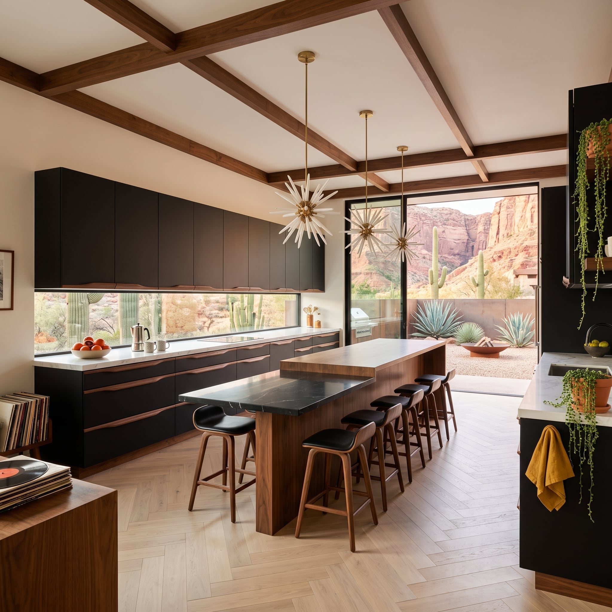 Matte-black kitchen with walnut ceiling beams and red rock desert views