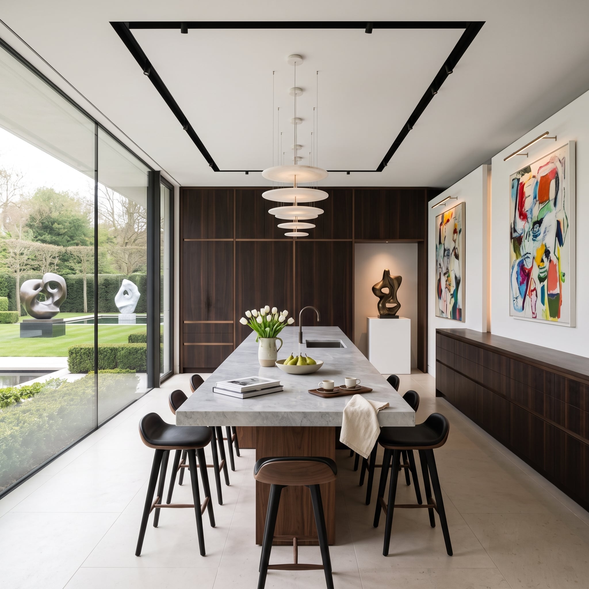 Contemporary walnut kitchen with marble island and outdoor sculpture garden