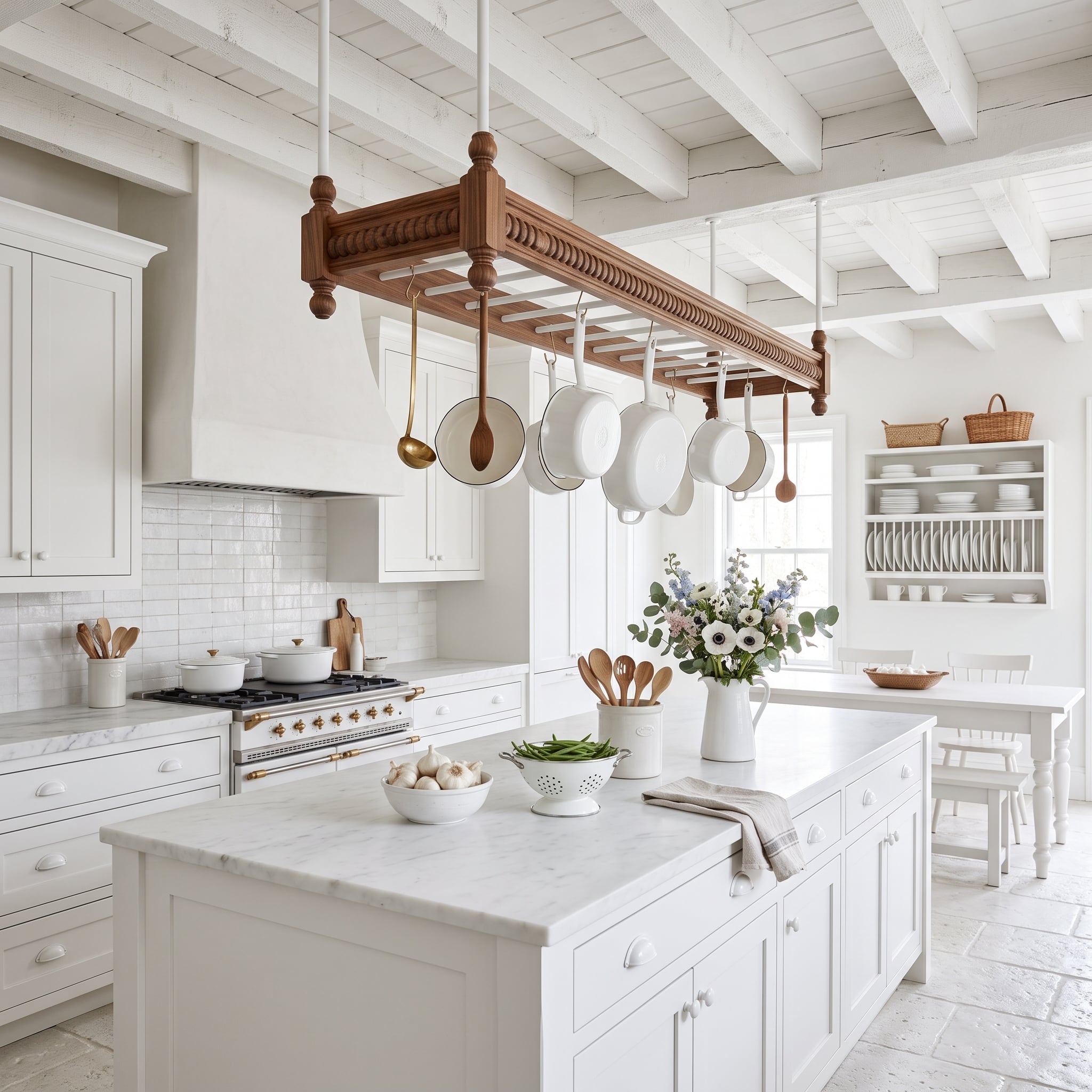 Carved Walnut Pot Rack Suspended Over White Marble Proves One Piece Does Everything