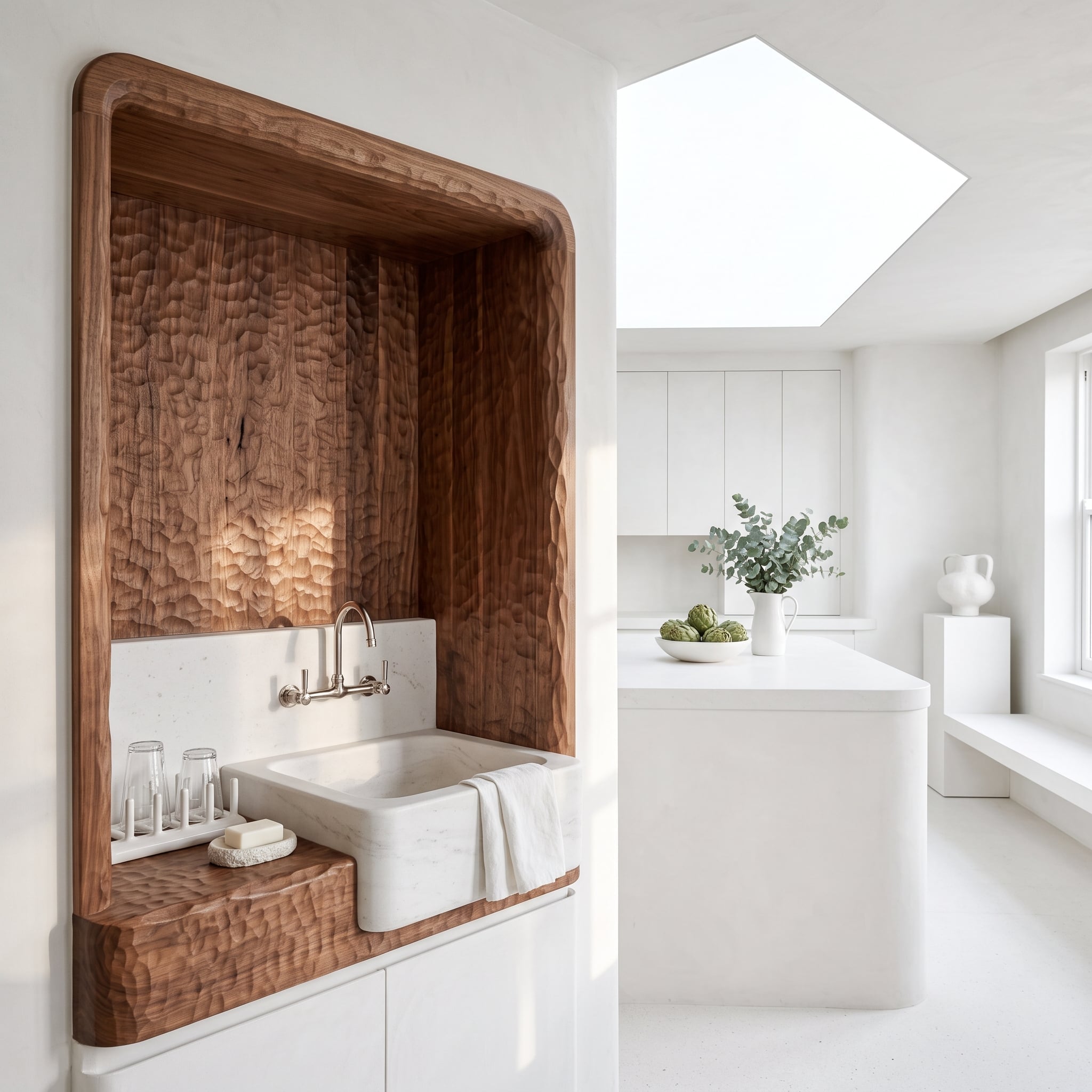 Carved Walnut Sink Niche Proves a Single Alcove Can Anchor an Entire White Kitchen
