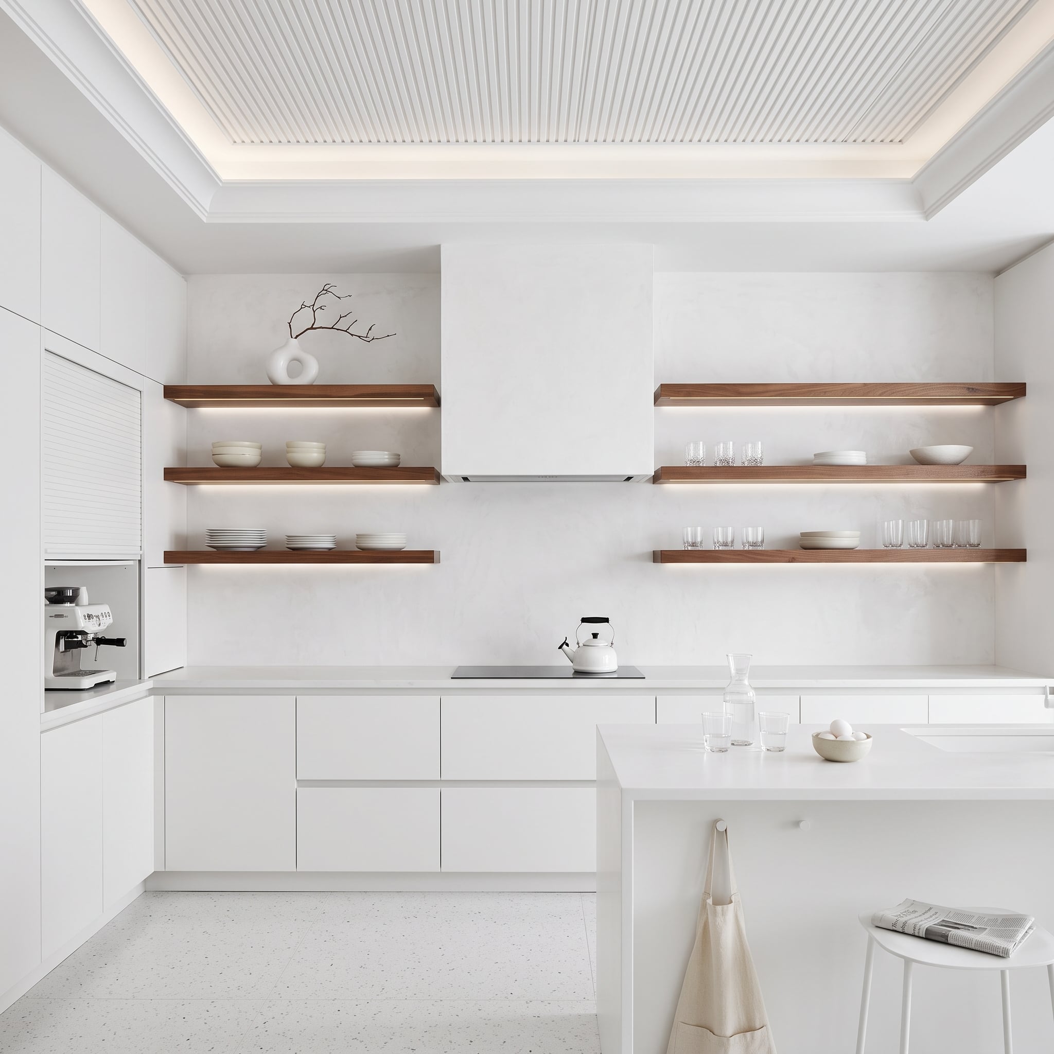 Floating Walnut Shelves Lit From Below Prove the Warmest Storage Faces Outward