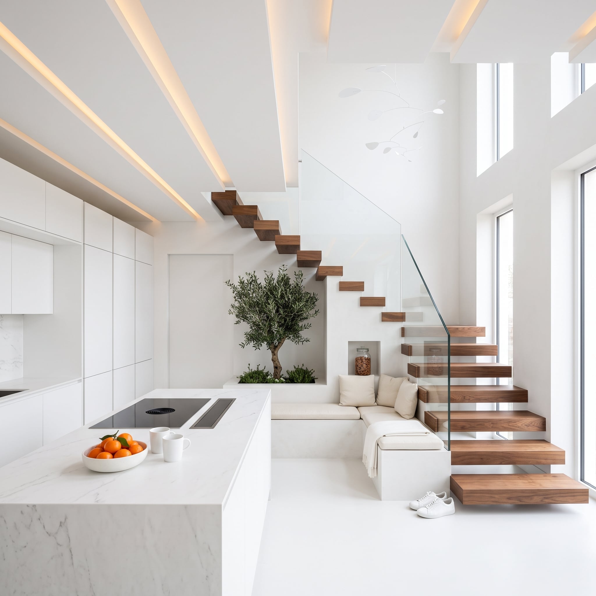 Floating Walnut Stair Treads Prove One Wood Element Can Anchor an Entire Open Floor Plan