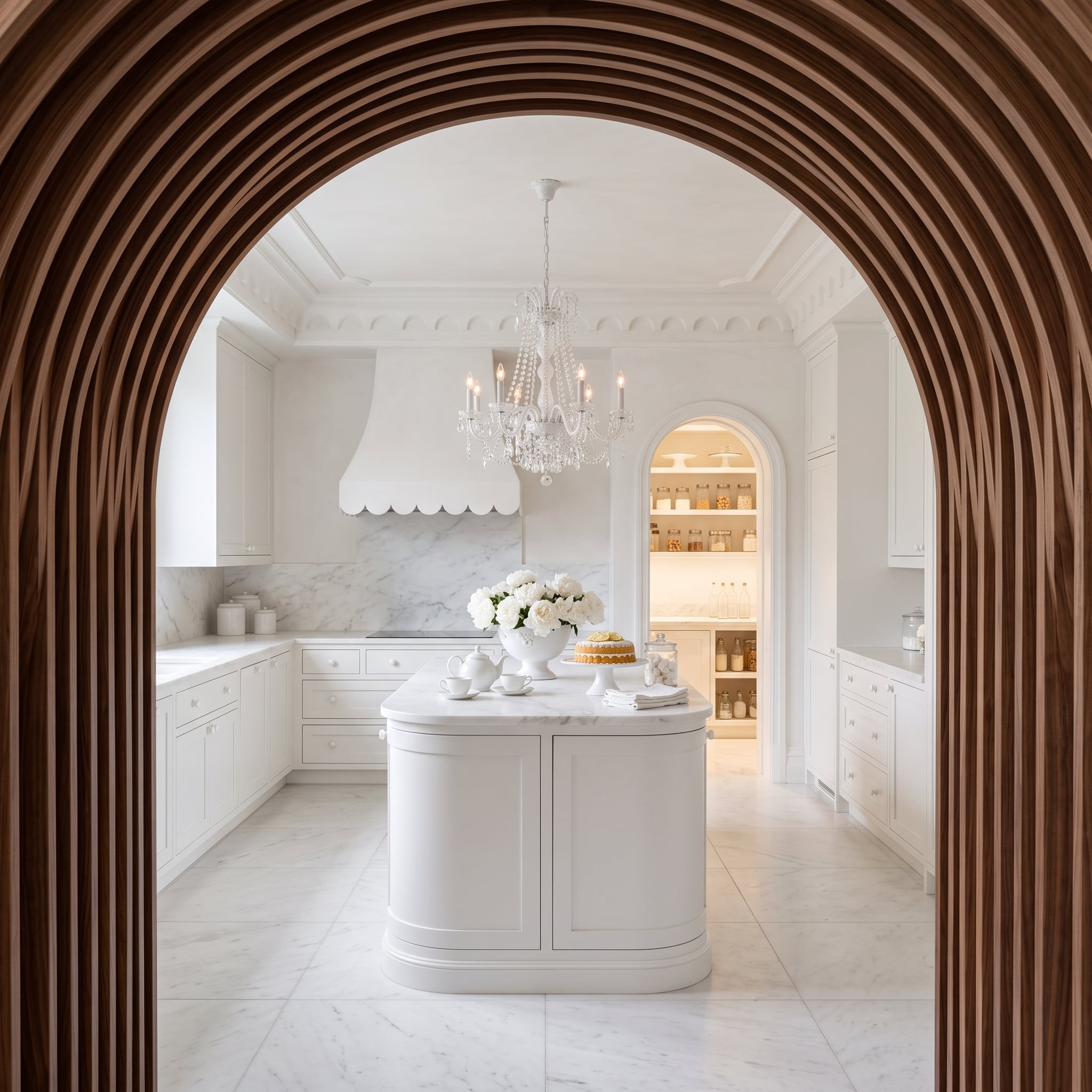 Fluted Walnut Arch Framing a White Kitchen Proves Entry Points Are the Real Design Move