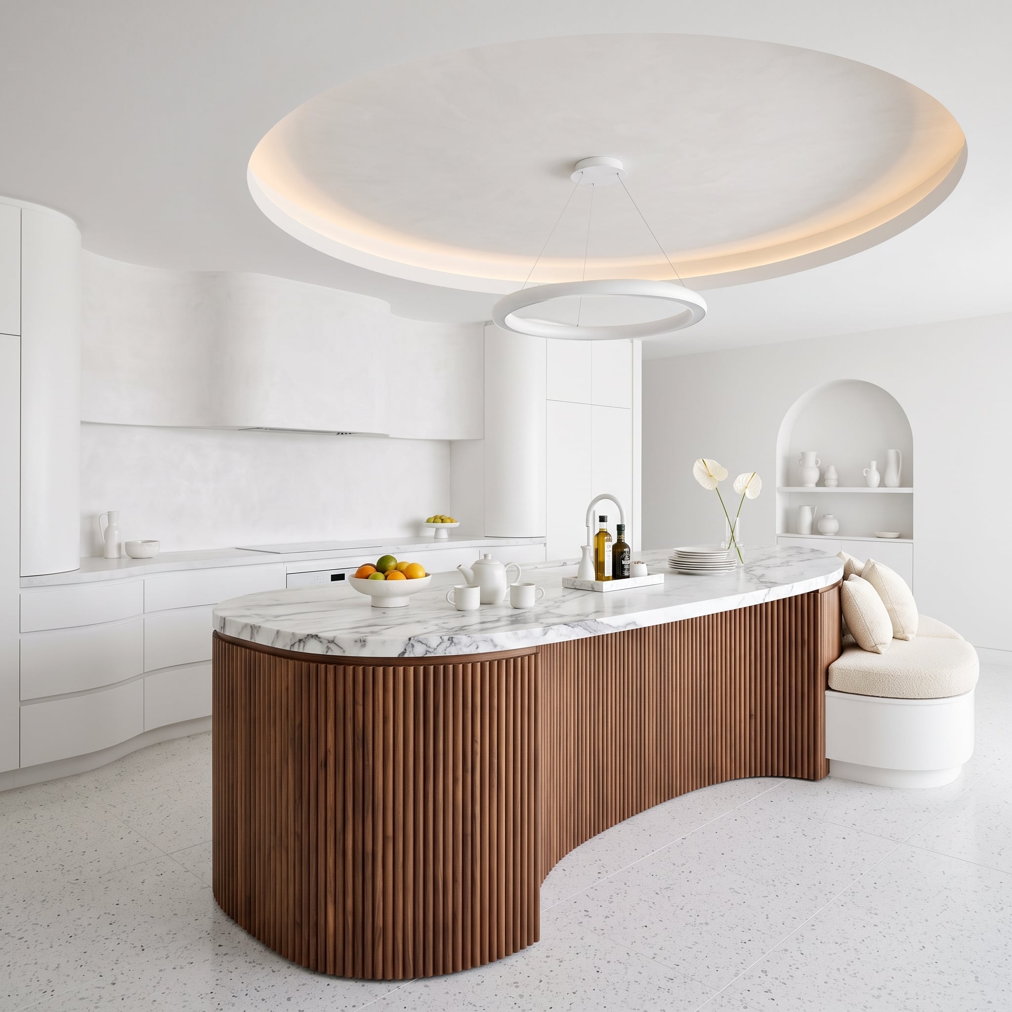 Fluted Walnut Island Base Inside an All-White Kitchen Proves Where the Warmth Belongs