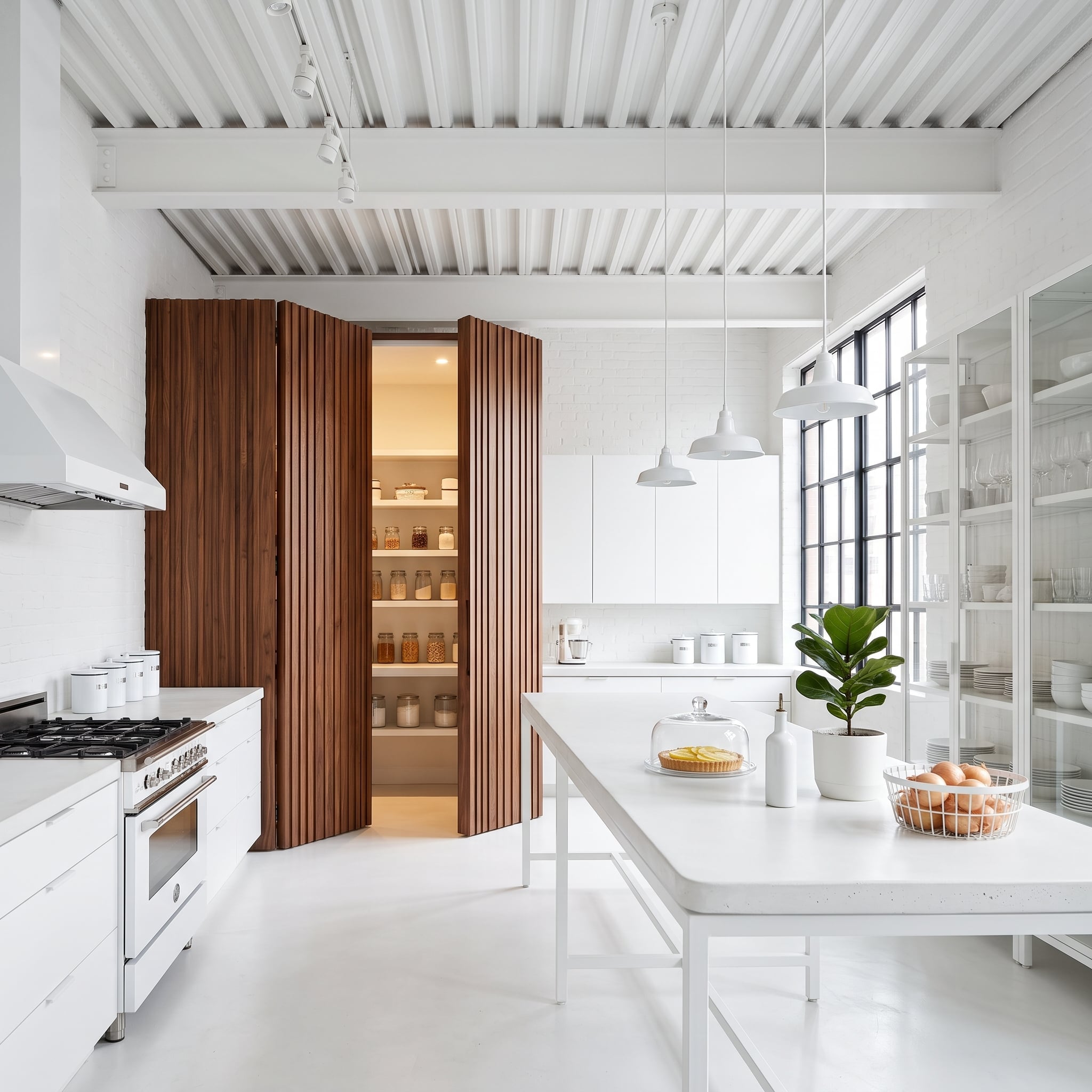 Folding Walnut Slat Doors Prove a Pantry Entrance Can Carry an Entire Kitchen