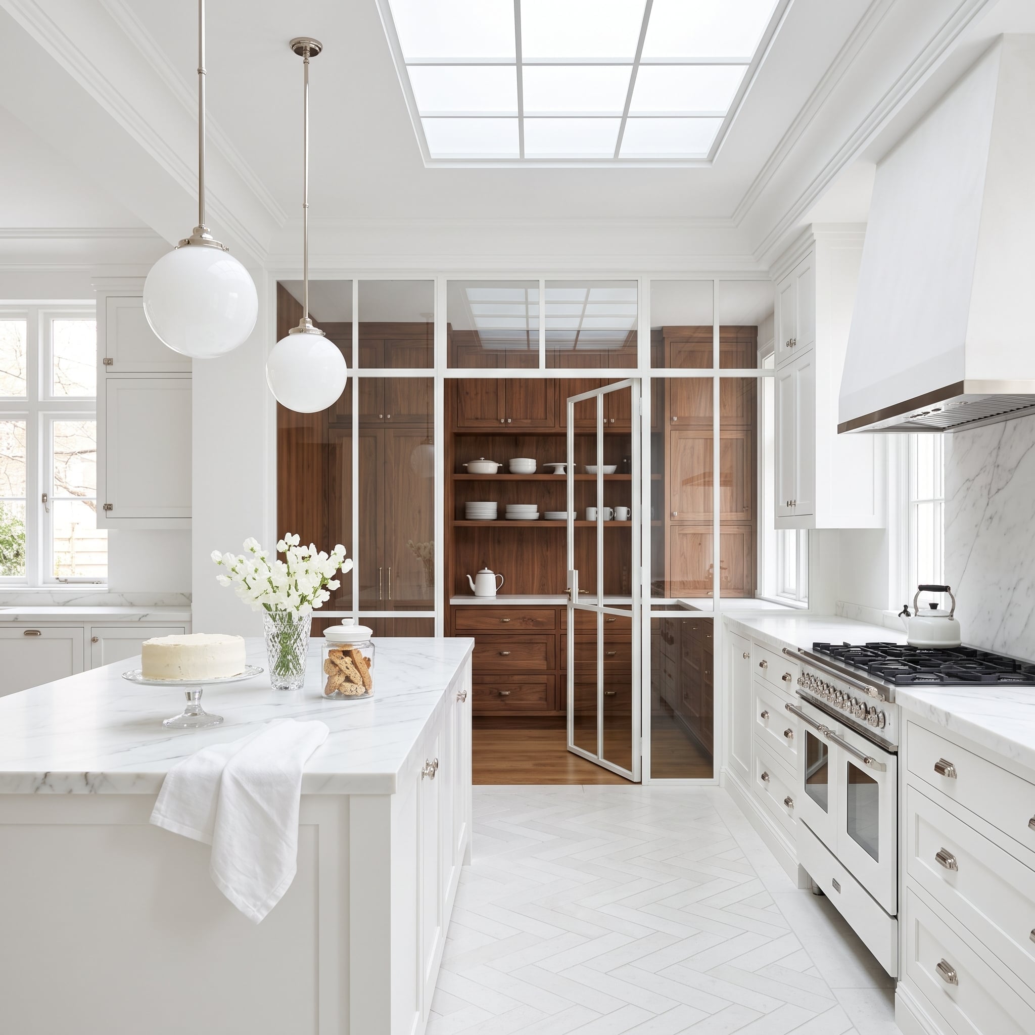 Glass-Walled Pantry With Walnut Cabinetry Proves the Storage Room Can Be the Statement
