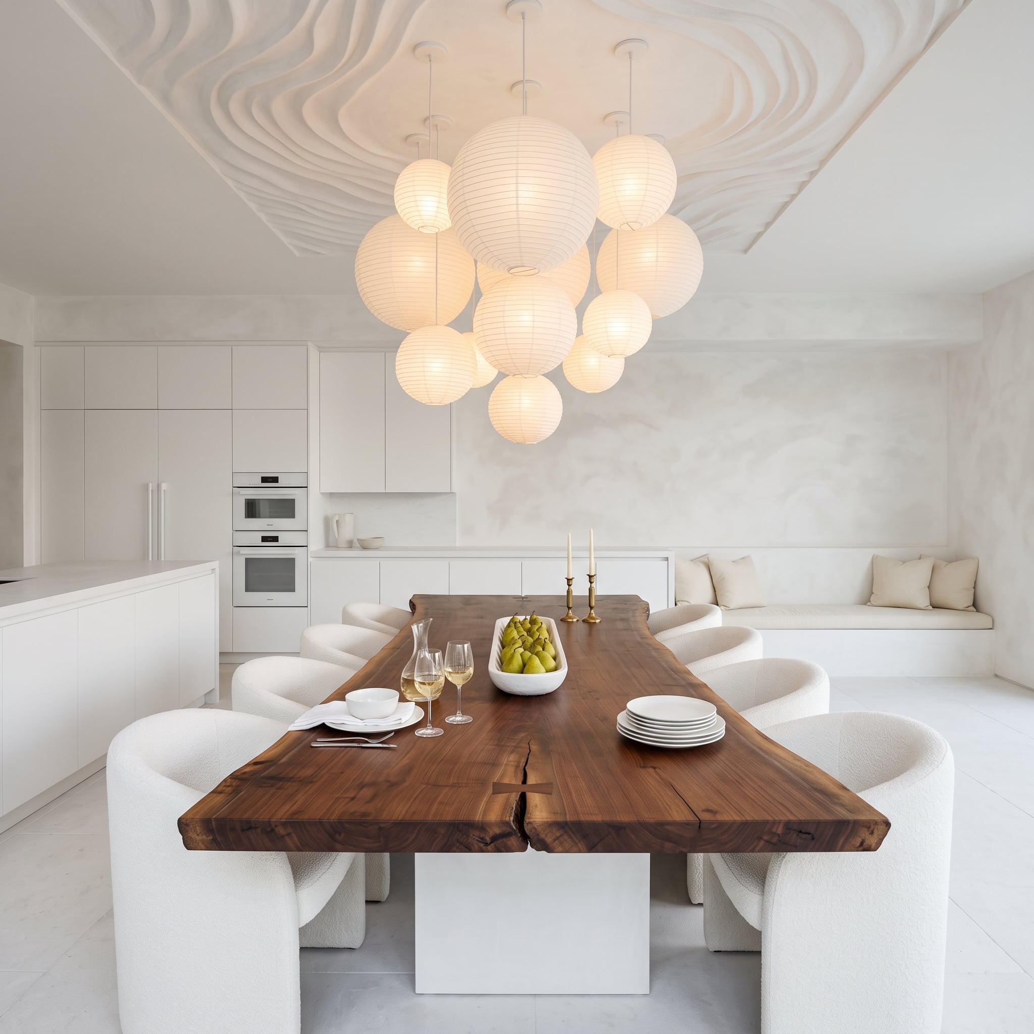 Live-Edge Walnut Dining Table Inside an All-White Kitchen Proves the Warmth Belongs at the Center