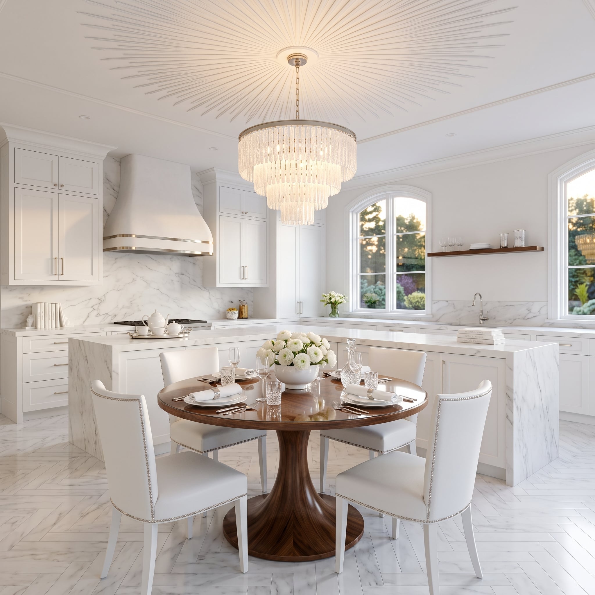 Round Walnut Pedestal Table Proves One Piece of Furniture Can Anchor a White Kitchen