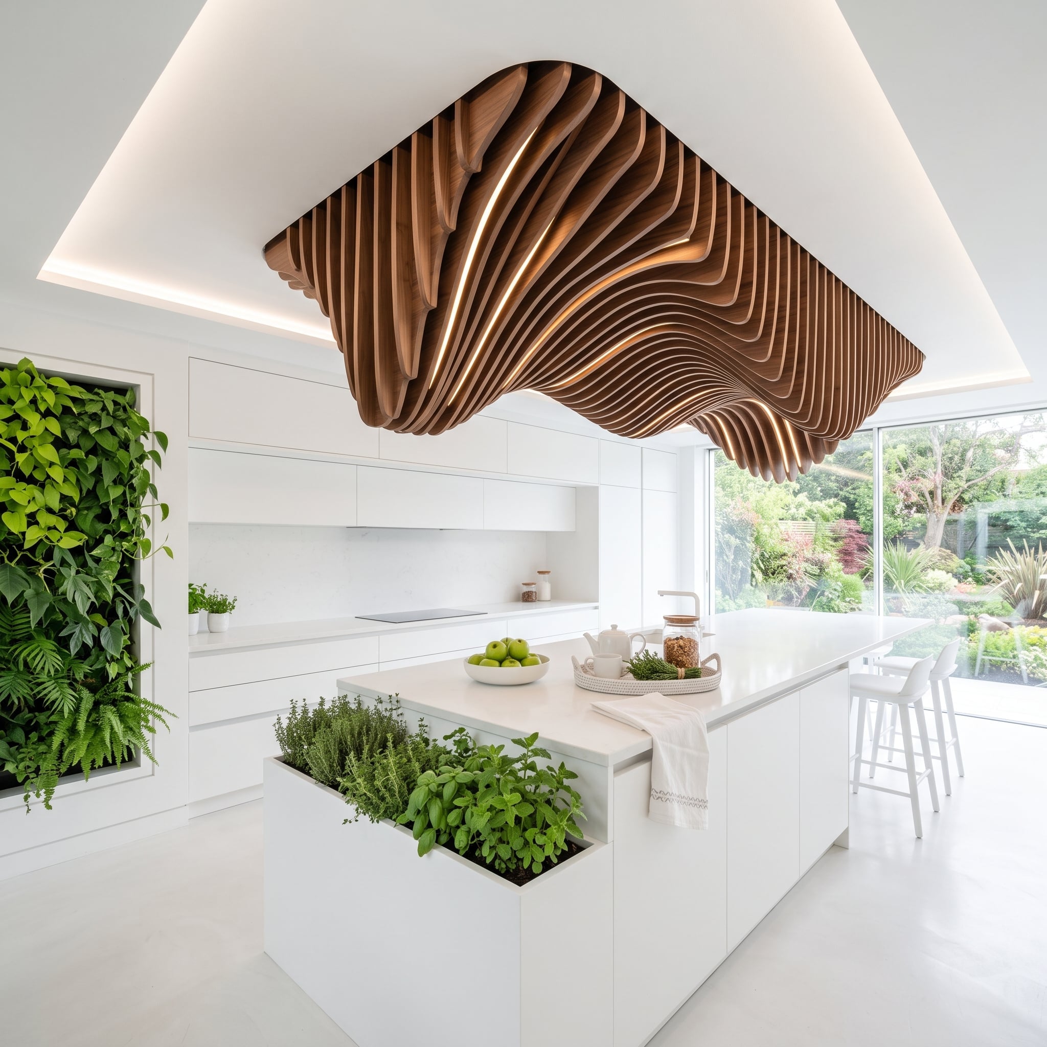 Sculpted Walnut Ceiling Installation Proves the Drama Belongs Overhead