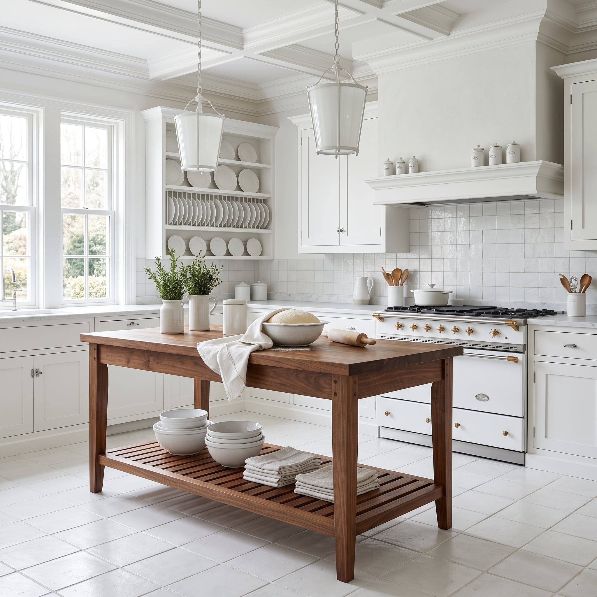 Unfitted Walnut Island Inside an All-White Kitchen Proves Furniture Logic Beats Built-In Logic