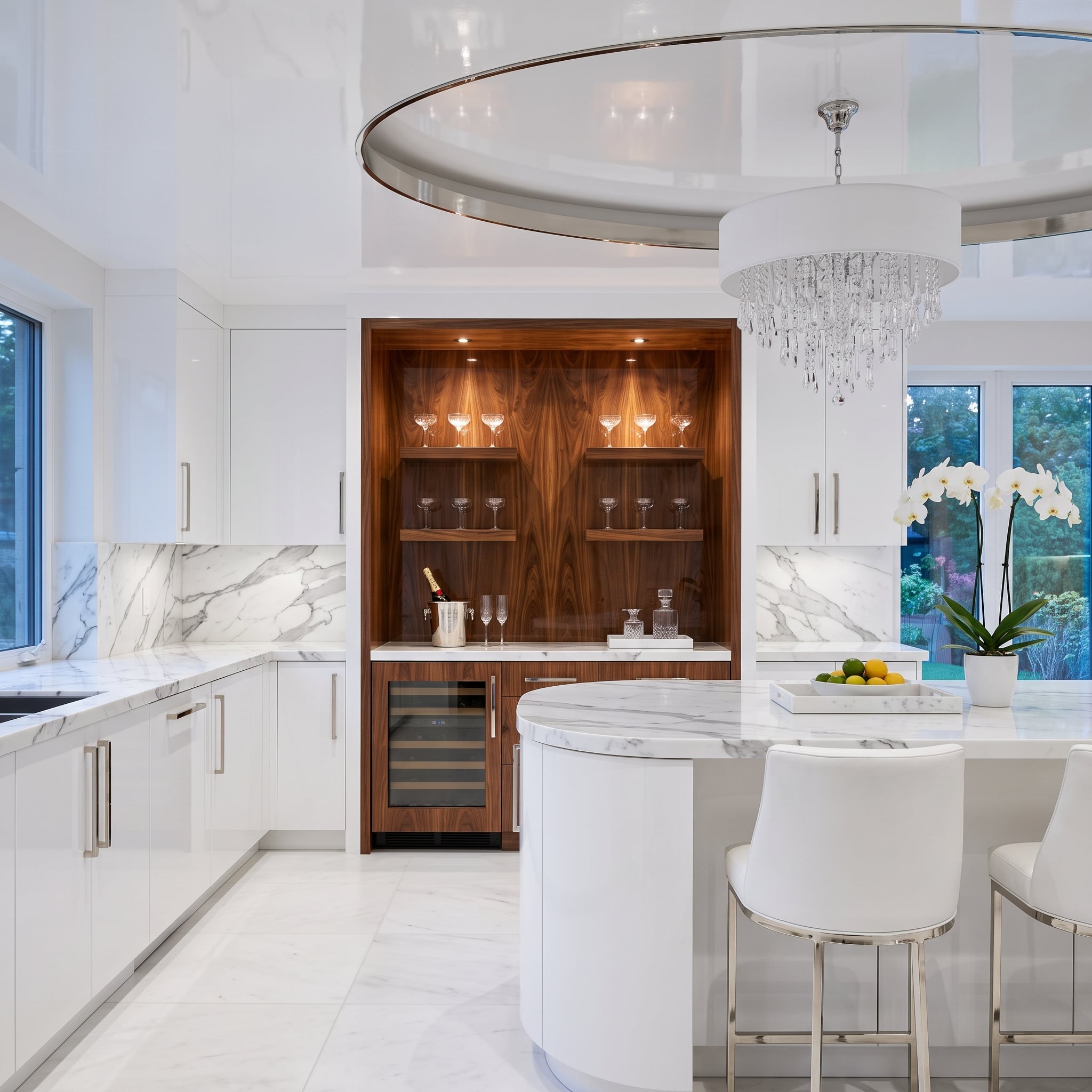 Walnut Bar Niche Cut Into White Cabinetry Proves One Recessed Pocket Can Carry a Kitchen