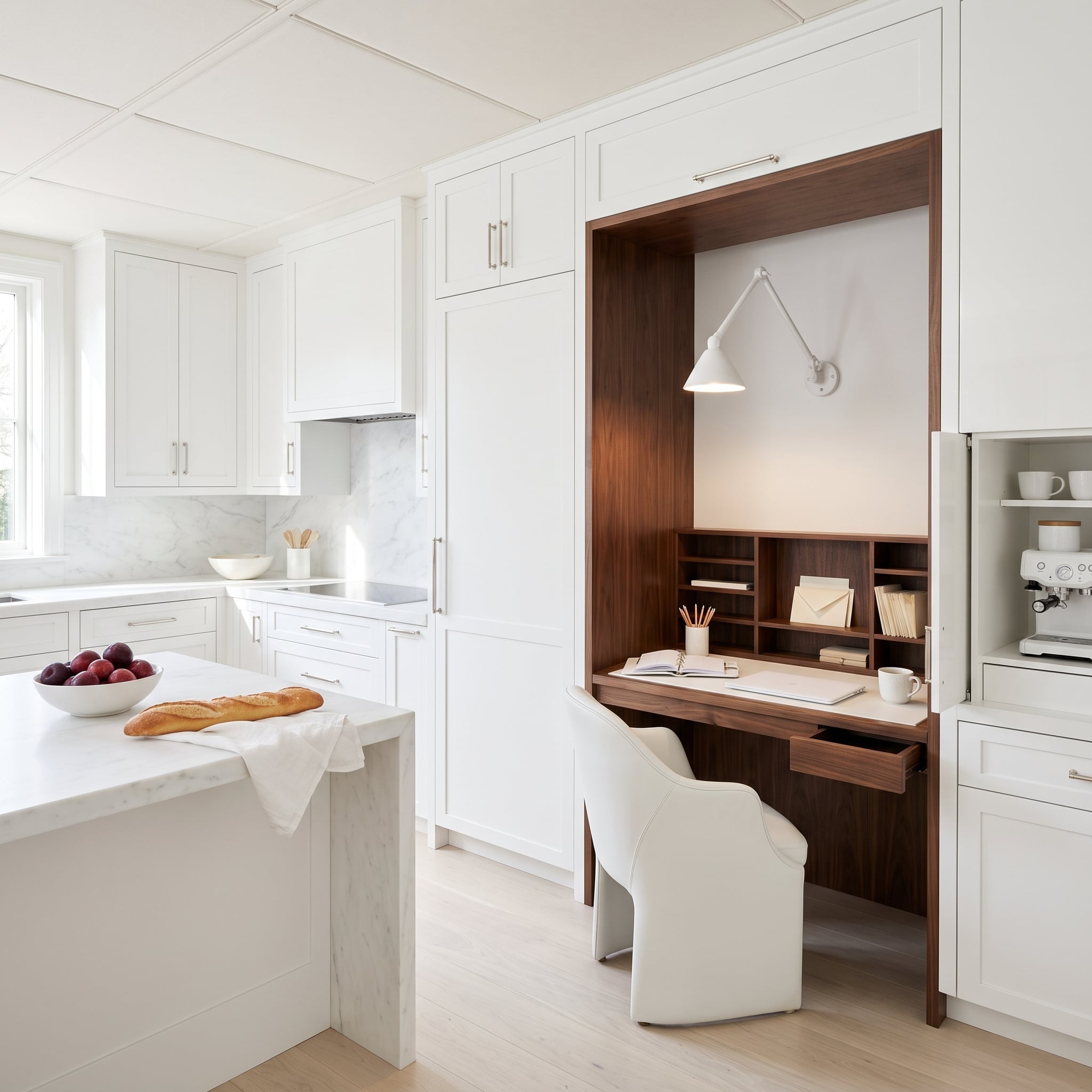 Walnut Desk Nook Tucked Into White Cabinetry Proves a Home Office Doesn't Need Its Own Room