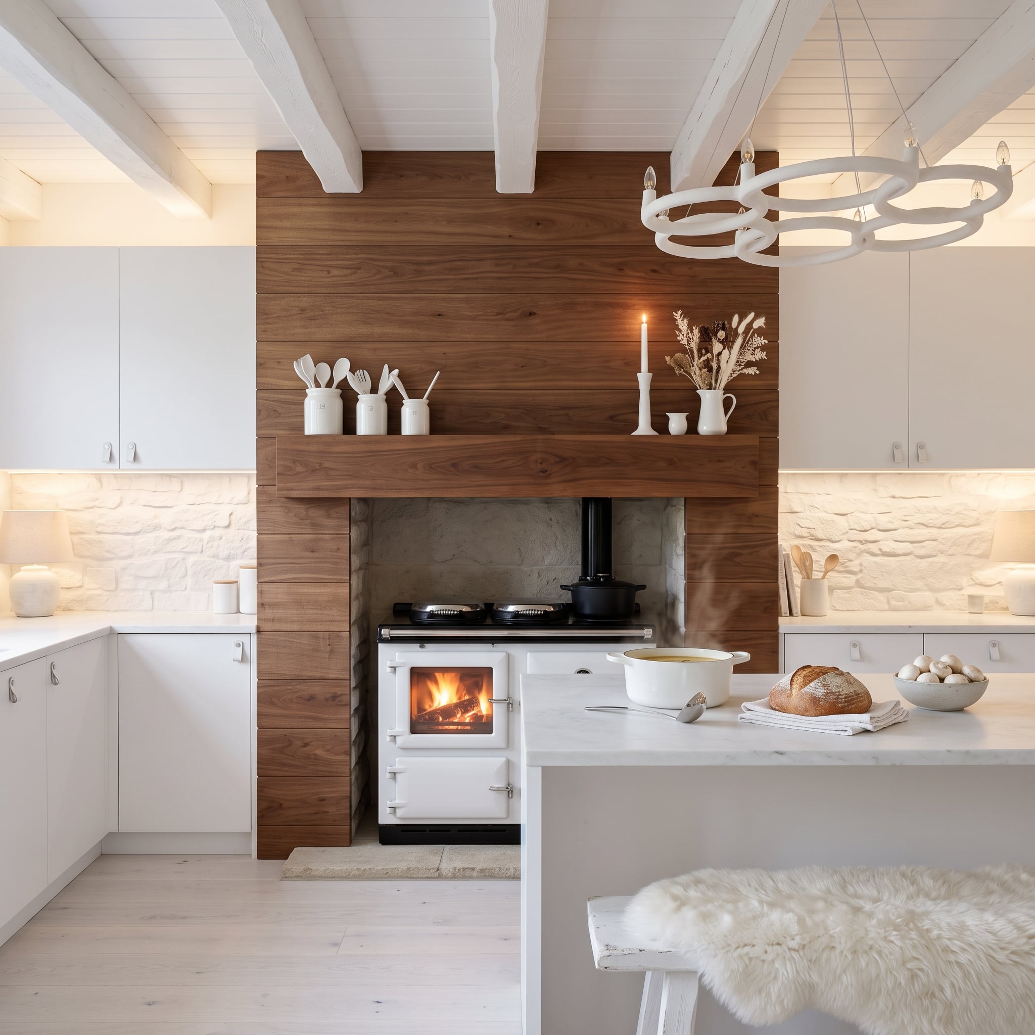 Walnut Fireplace Surround Inside a White Kitchen Makes the Stove the Focal Point
