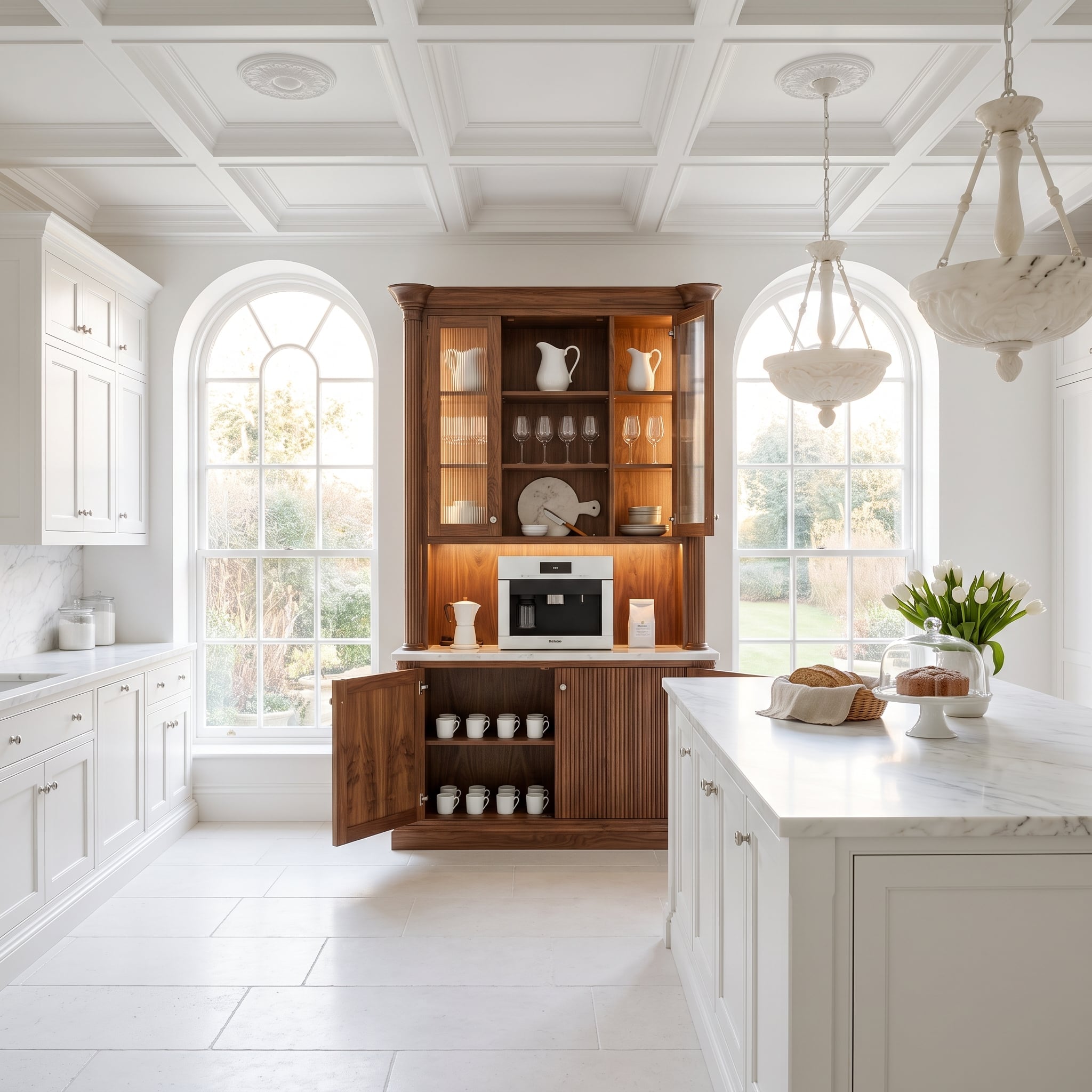 Walnut Hutch Positioned Between Two Arched Windows Pulls the Whole Room Into Focus