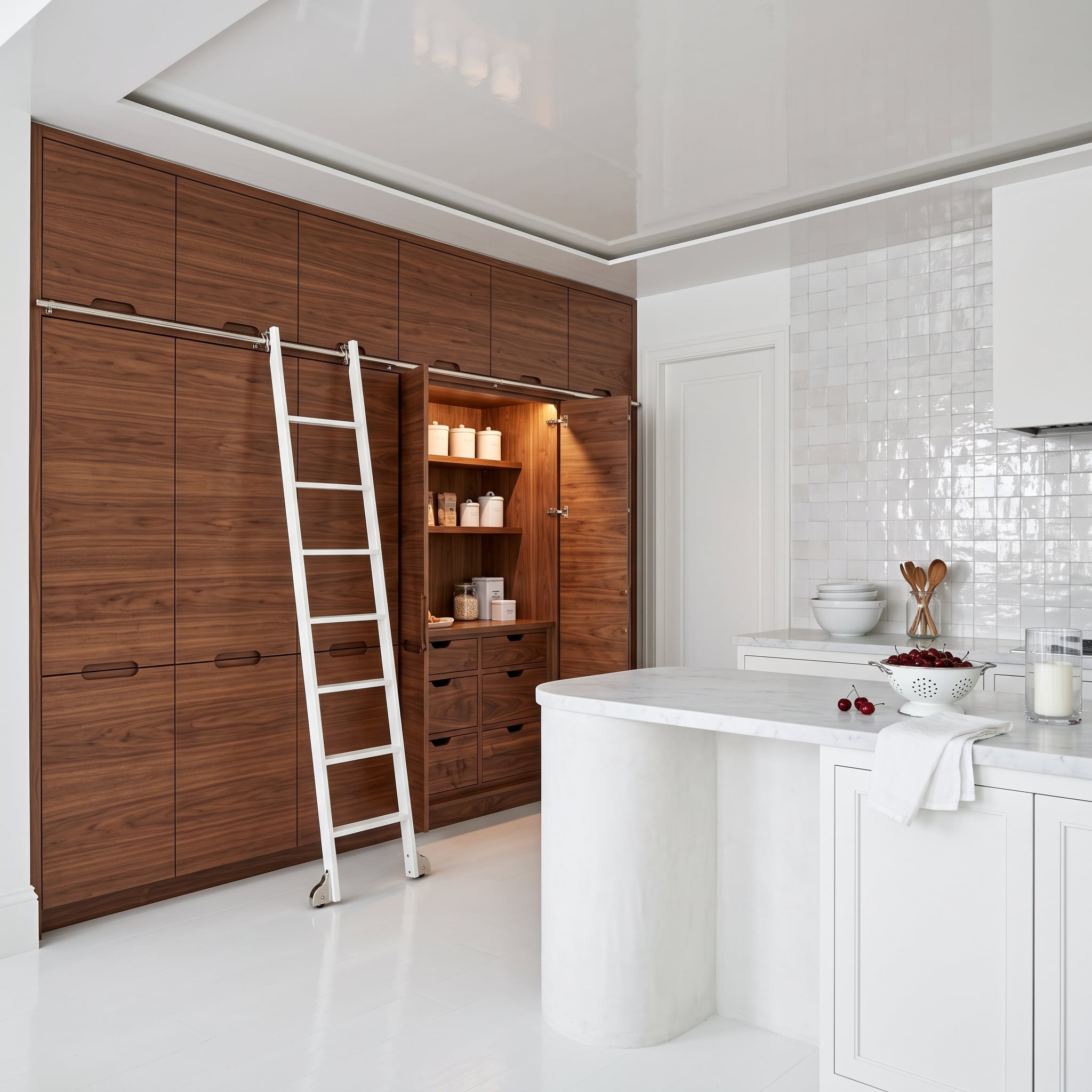 Walnut Pantry Wall with Rolling Library Ladder Proves Storage Can Carry All the Warmth