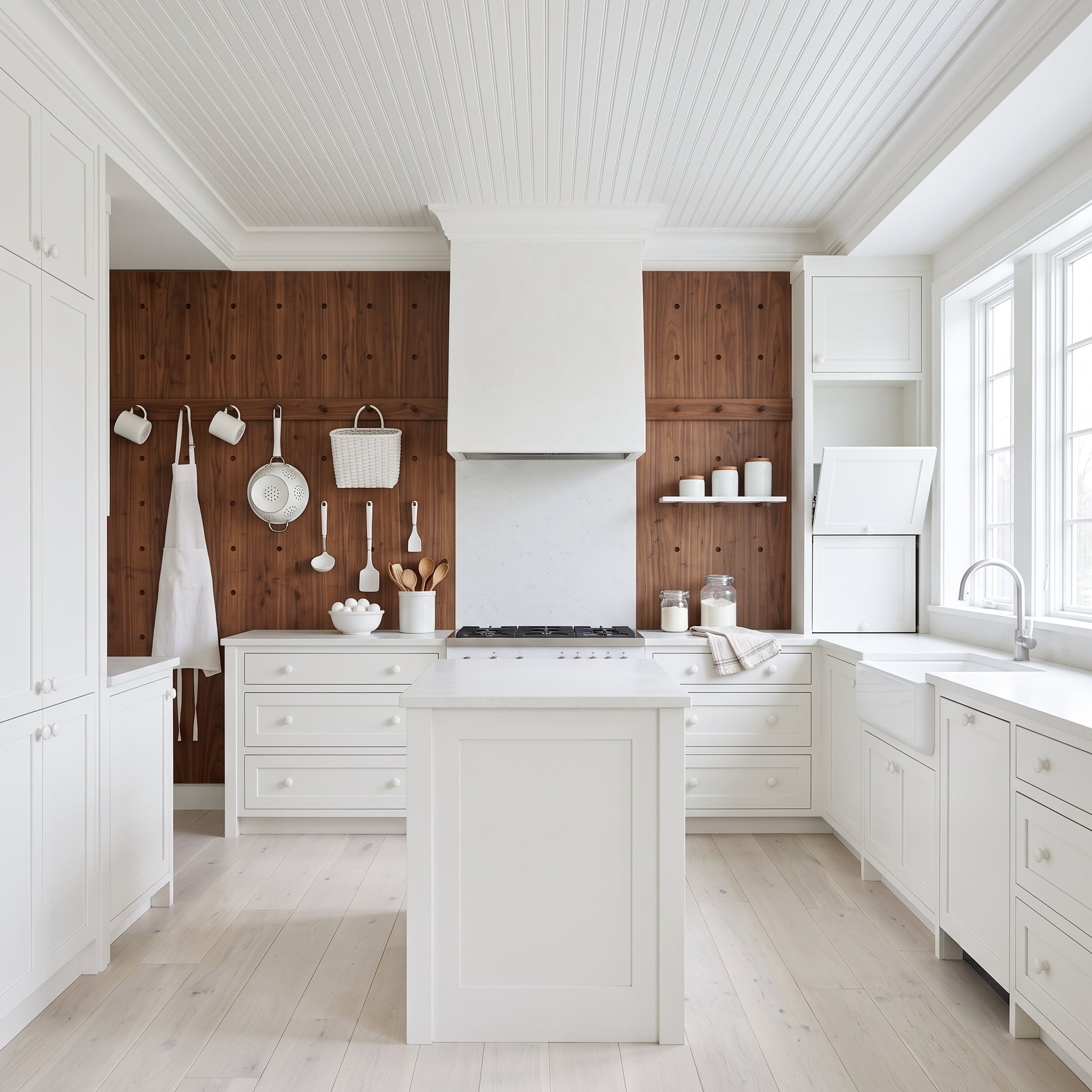 Walnut Pegboard Walls Flanking a Range Hood Prove Utility Can Carry the Warmth