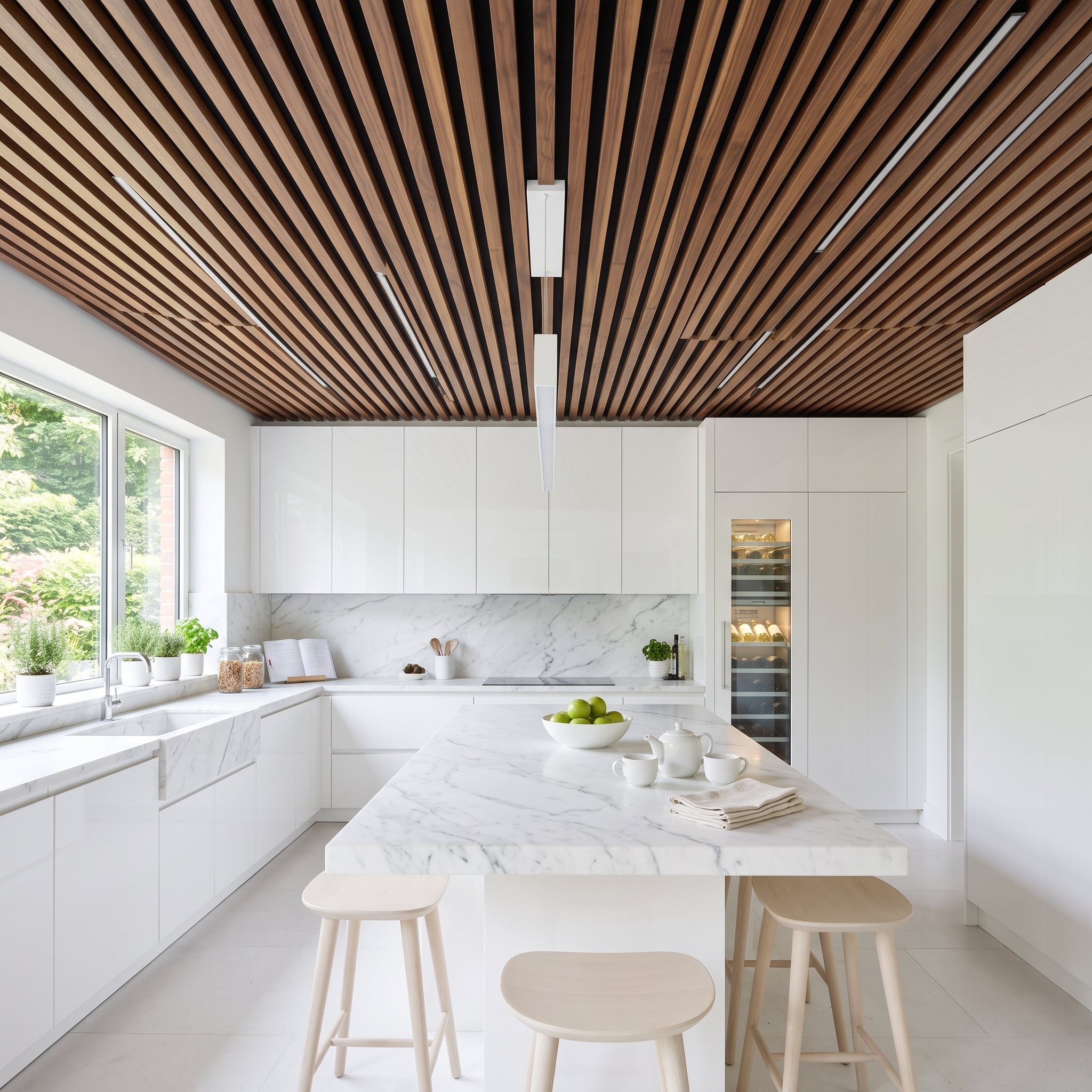 Walnut Slat Ceiling Over an All-White Kitchen Puts Every Degree of Warmth Overhead