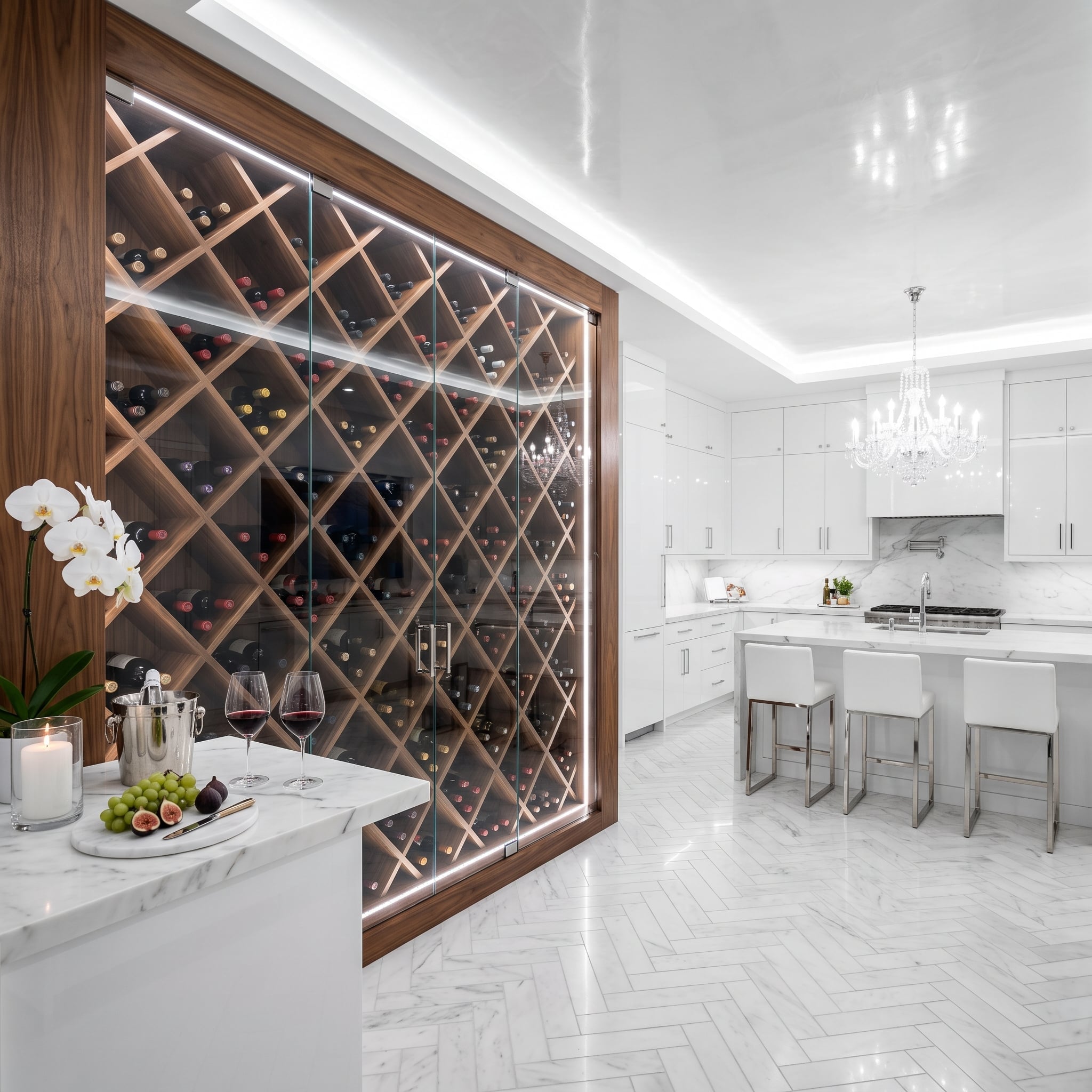 Walnut Wine Cabinet Inside an All-White Kitchen Proves Wood Doesn't Need Much Space to Win