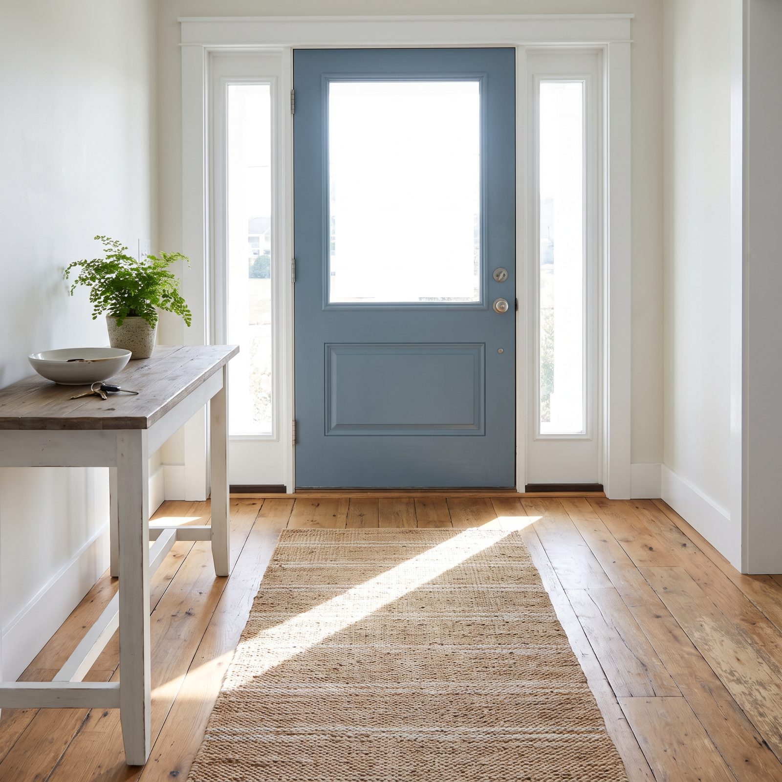 Entry seen from inside with a dusty-blue front door, glazed upper half, and two sidelights letting in daylight.