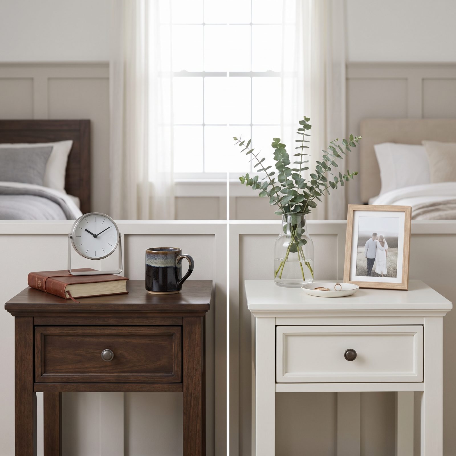 Bedroom with two matching oak nightstands flanking a bed, one holding lip balm and a novel, the other a watch, coins, and a