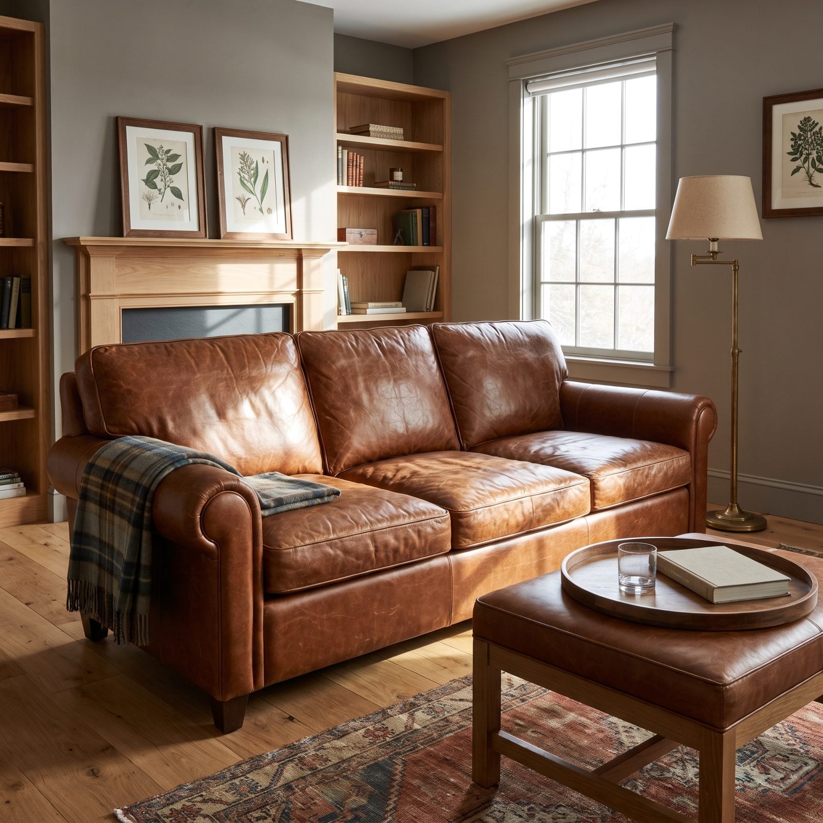Den with a cognac brown leather sofa showing creasing and patina across the cushions.