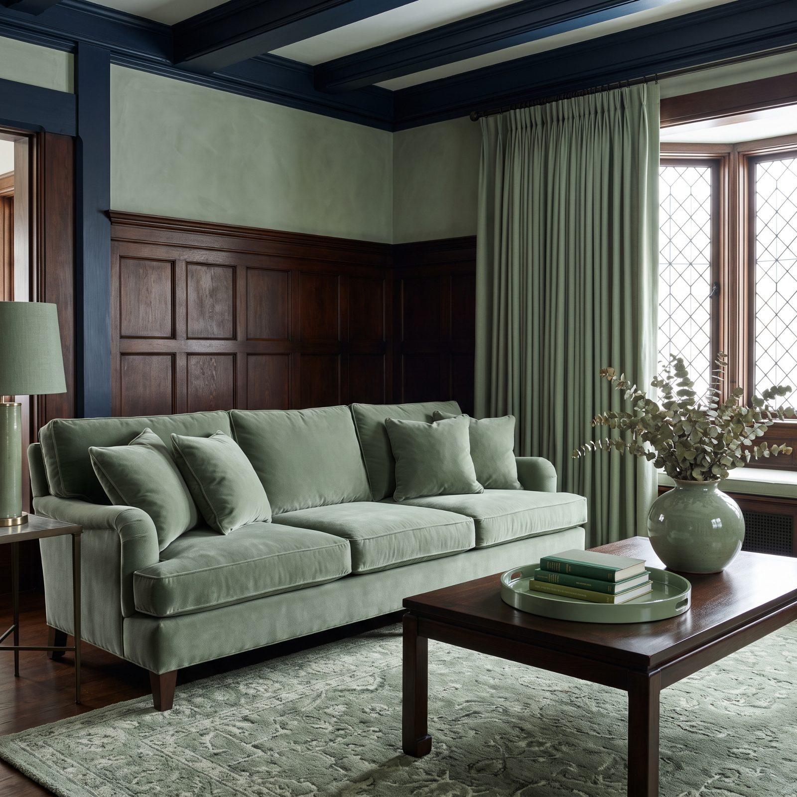 Living room where the sofa, pillows, curtains, and rug share the same sage-green tone.
