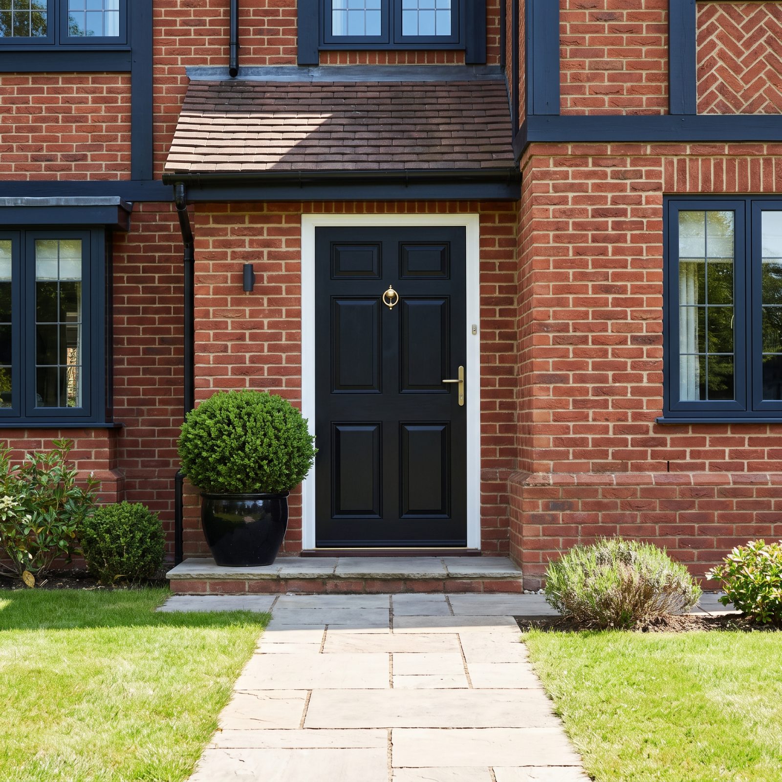 Matte-black front door with a brass knocker and brass handle set in white trim against red brick.